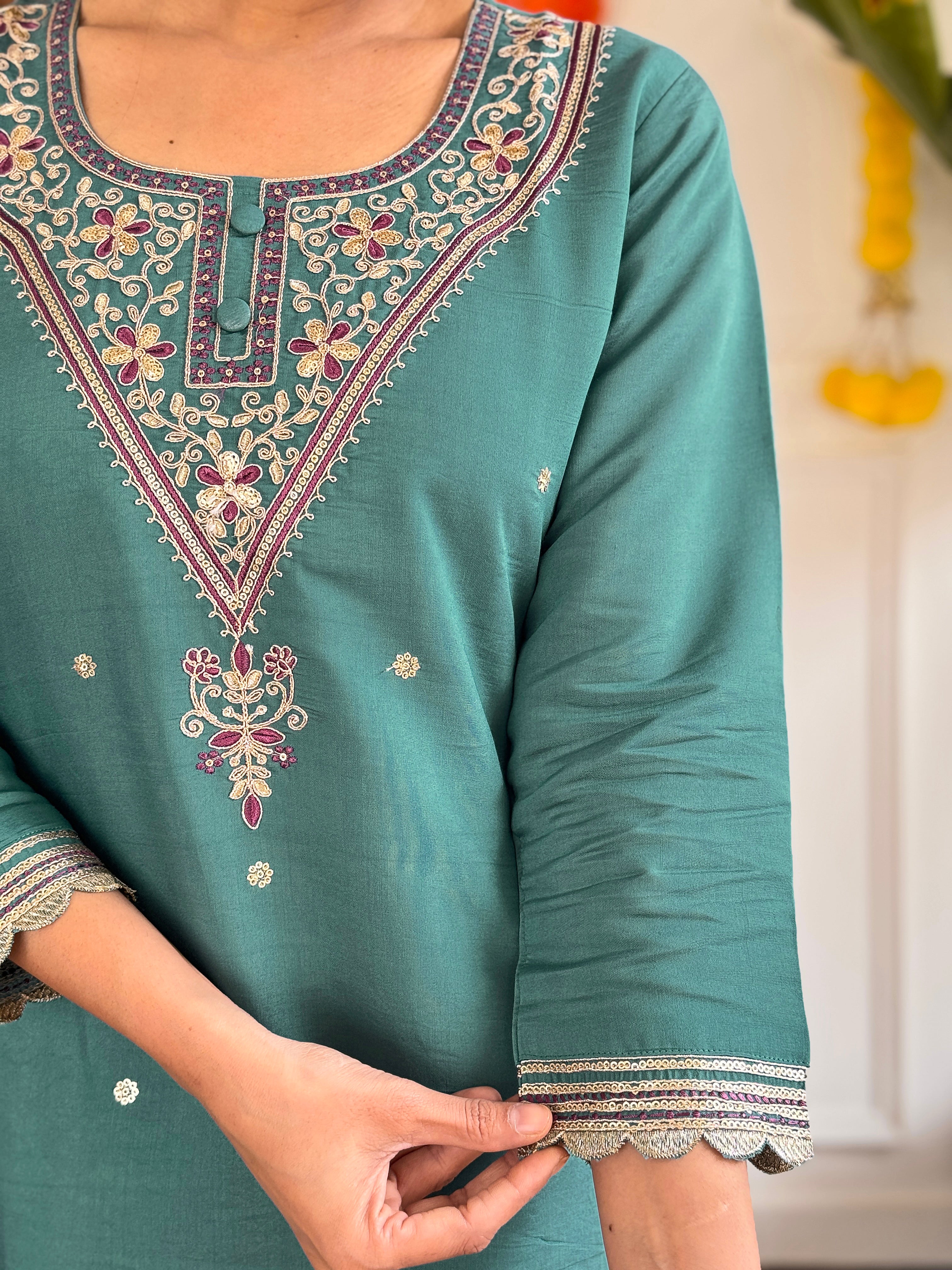 Teal Viscose Chanderi Kurta Pant With Embroidery Work And Printed Dupatta