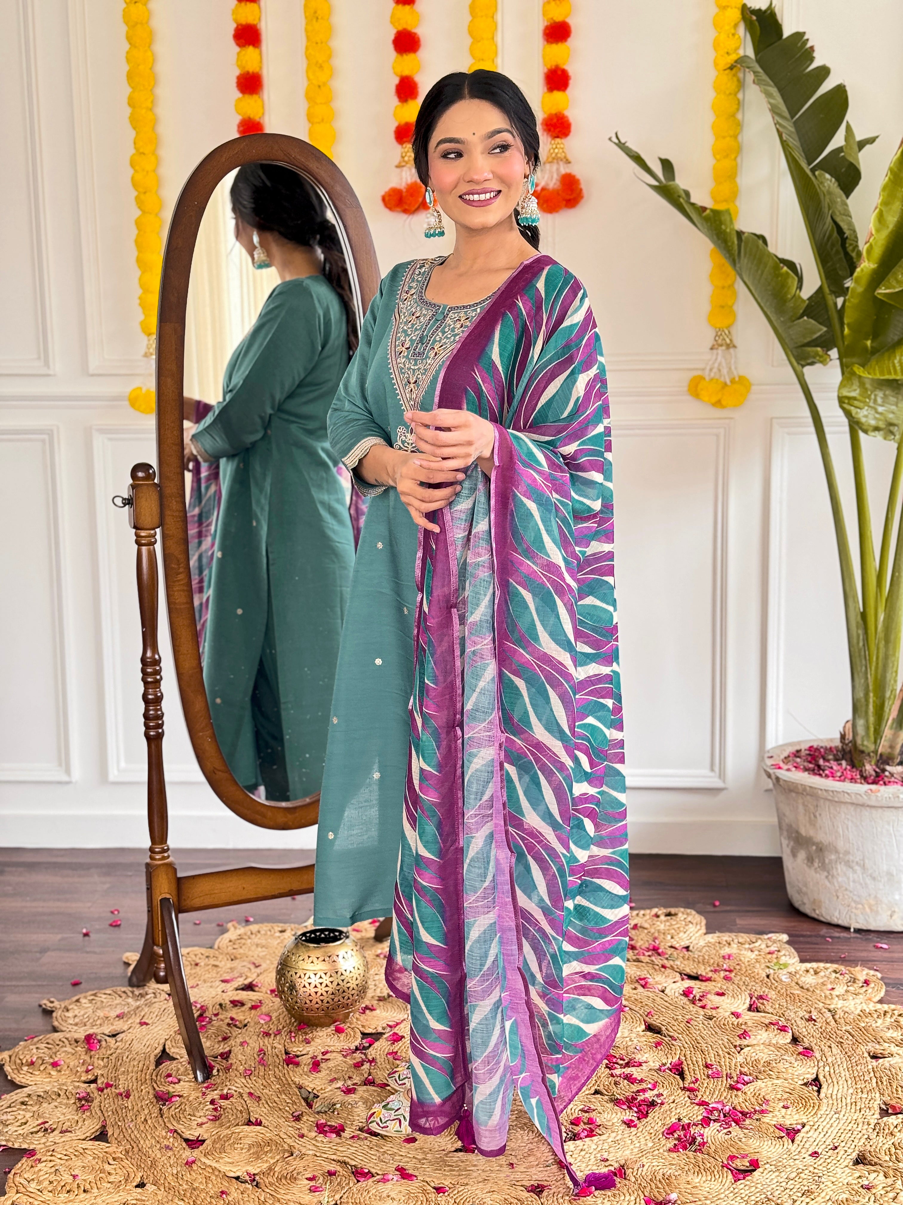 Teal Viscose Chanderi Kurta Pant With Embroidery Work And Printed Dupatta