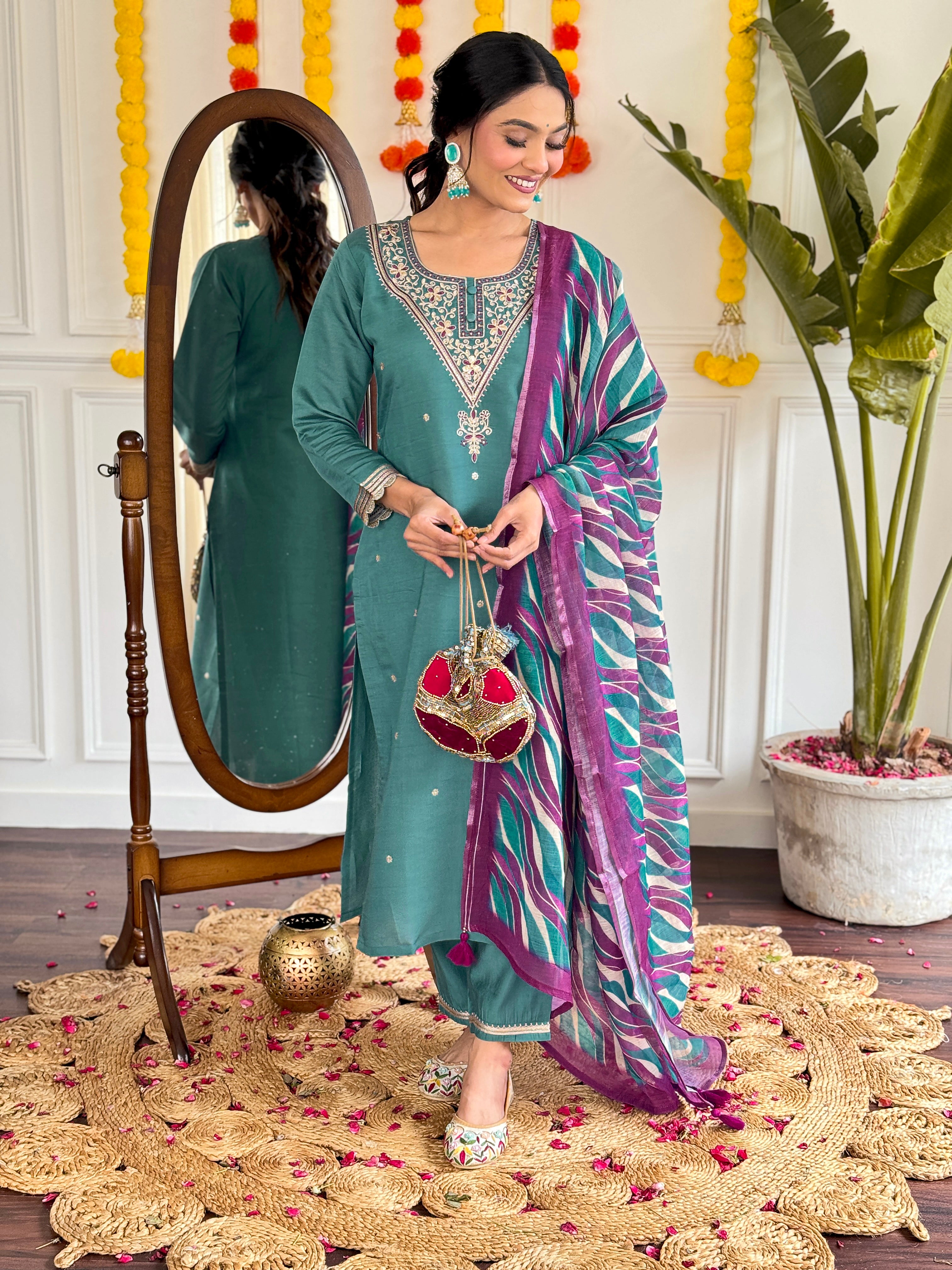 Teal Viscose Chanderi Kurta Pant With Embroidery Work And Printed Dupatta