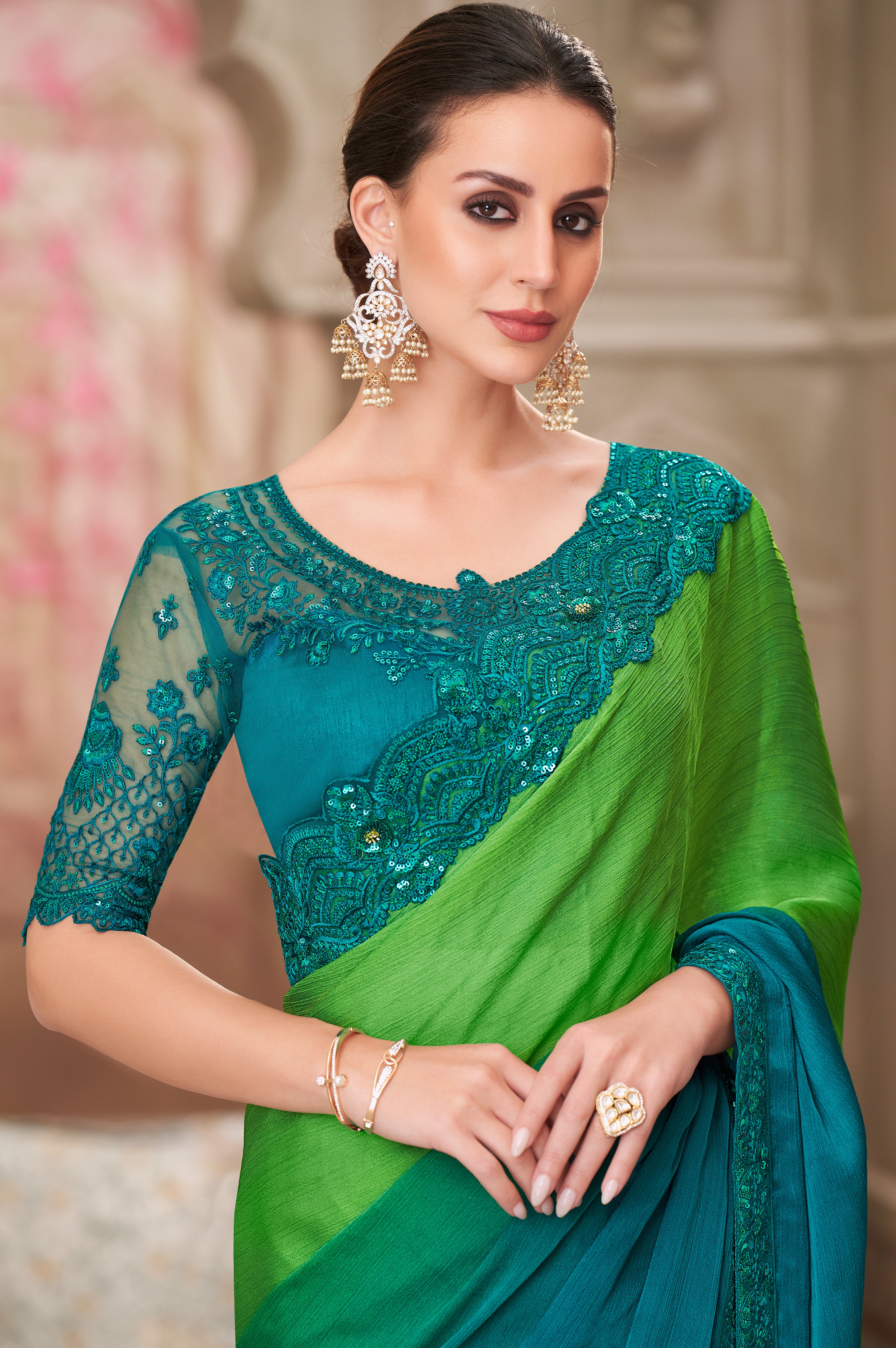 Teal & Parrot Green Saree With  Heavy Thread Embroidery Sequins Border Work With Embroidery Blouse