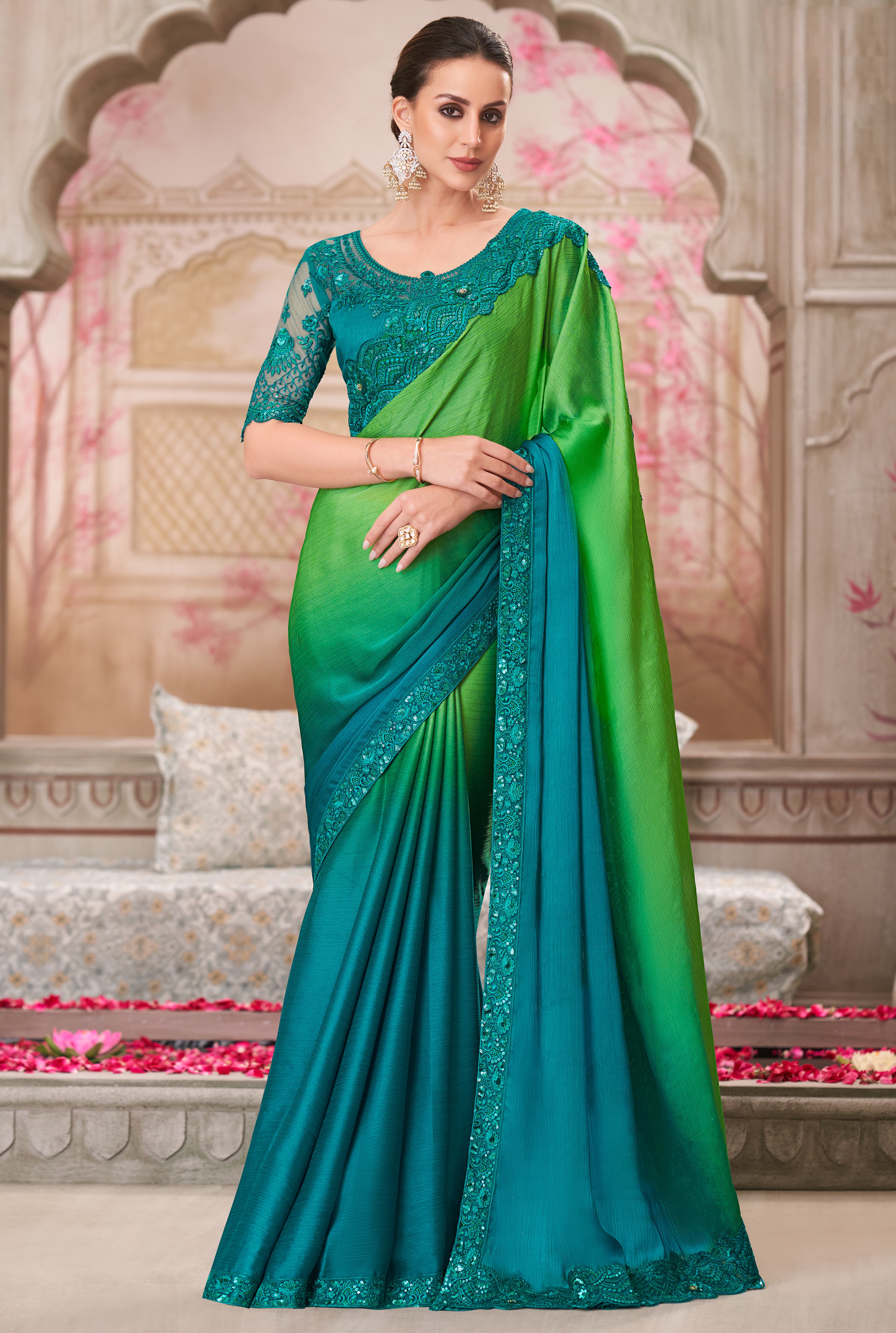 Teal & Parrot Green Saree With  Heavy Thread Embroidery Sequins Border Work With Embroidery Blouse