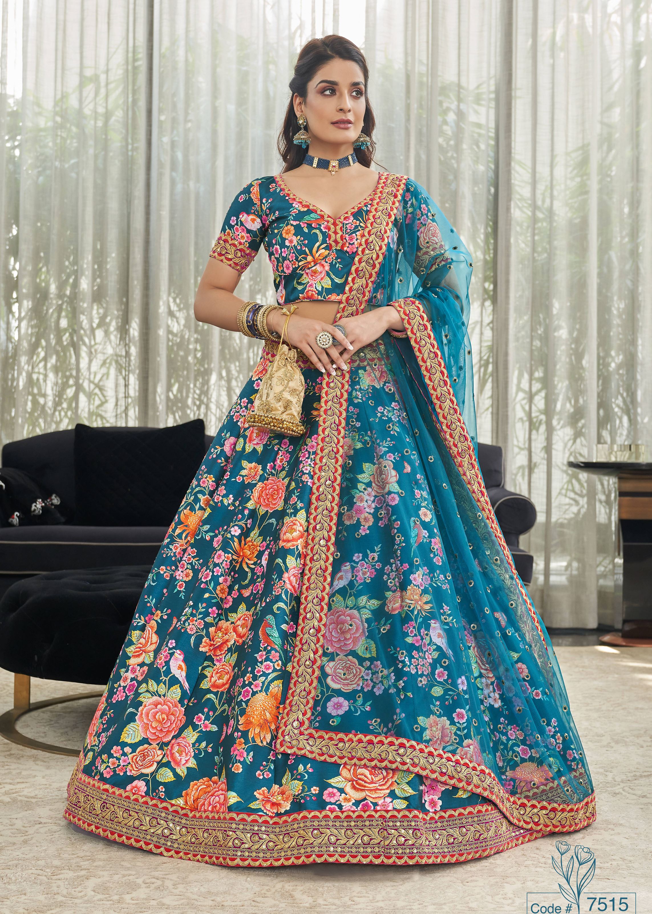 Teal blue Lehenga Choli With Digital Print With Dori, Sequins And Stone Work