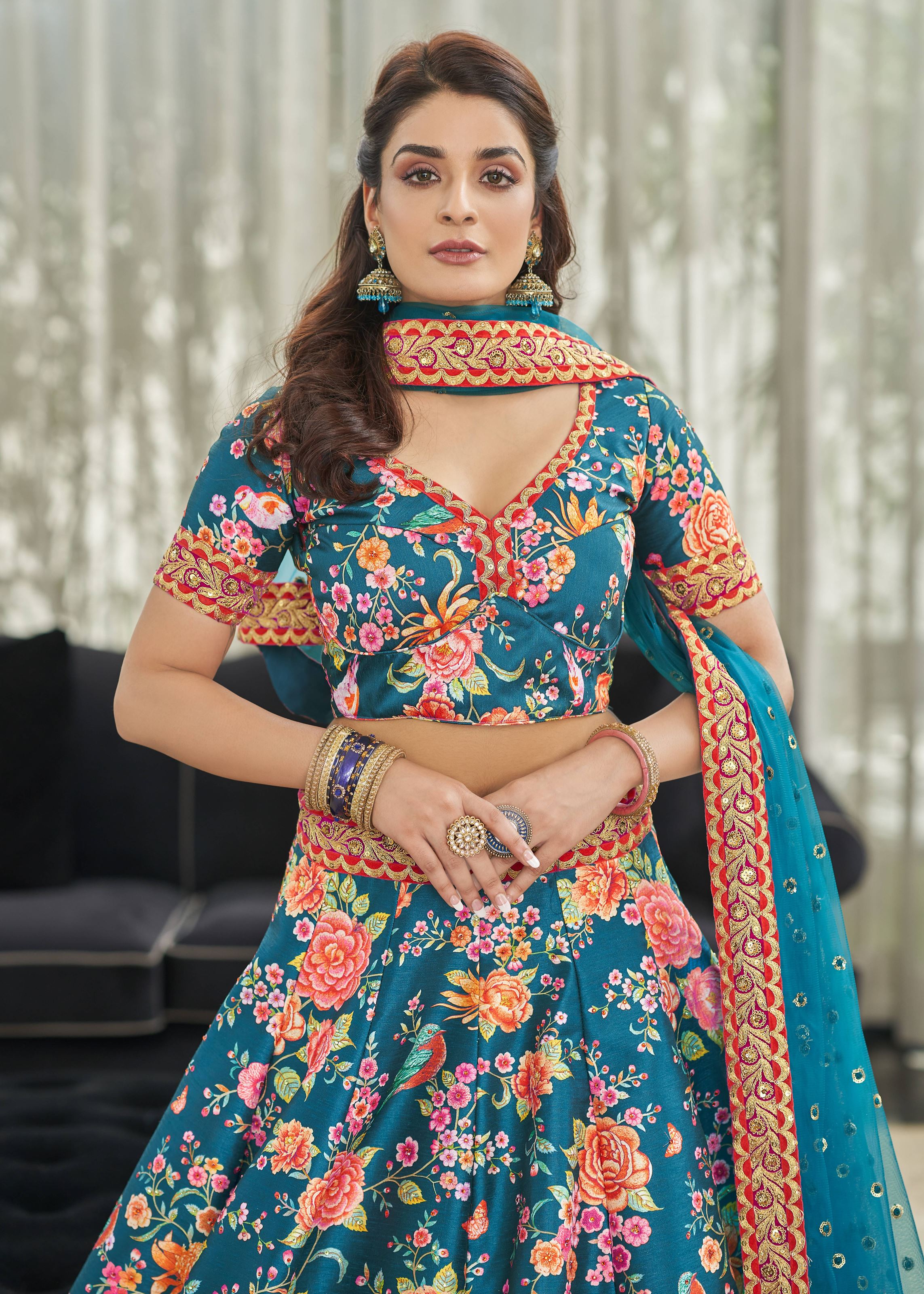 Teal blue Lehenga Choli With Digital Print With Dori, Sequins And Stone Work