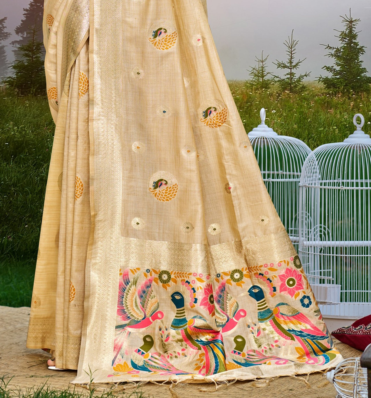 Timeless Cream Assam Silk Meenakari Festival Saree