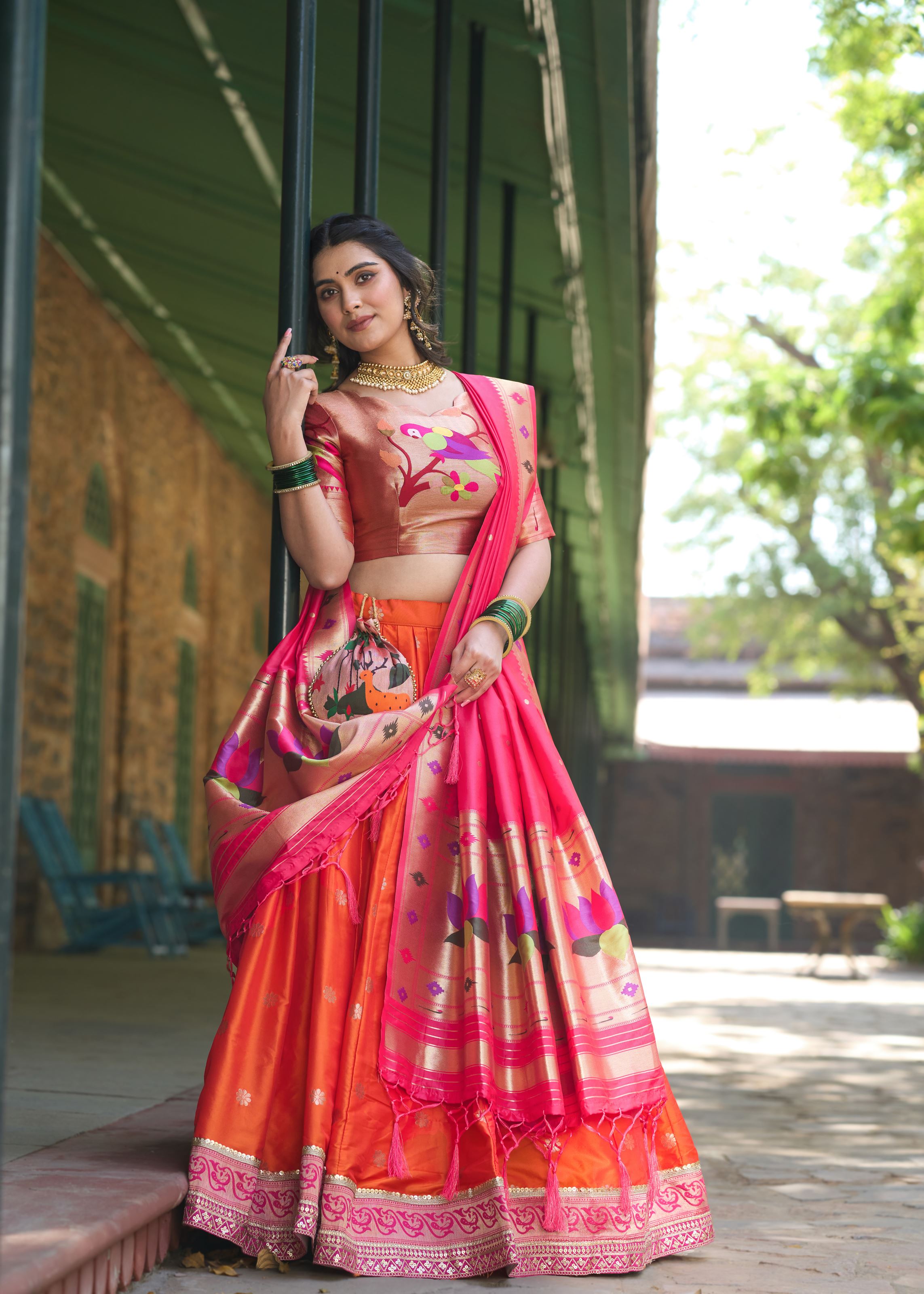 Traditional Grace In Orange Paithani Inspired Jacquard Silk Lehenga With Zari Detailing