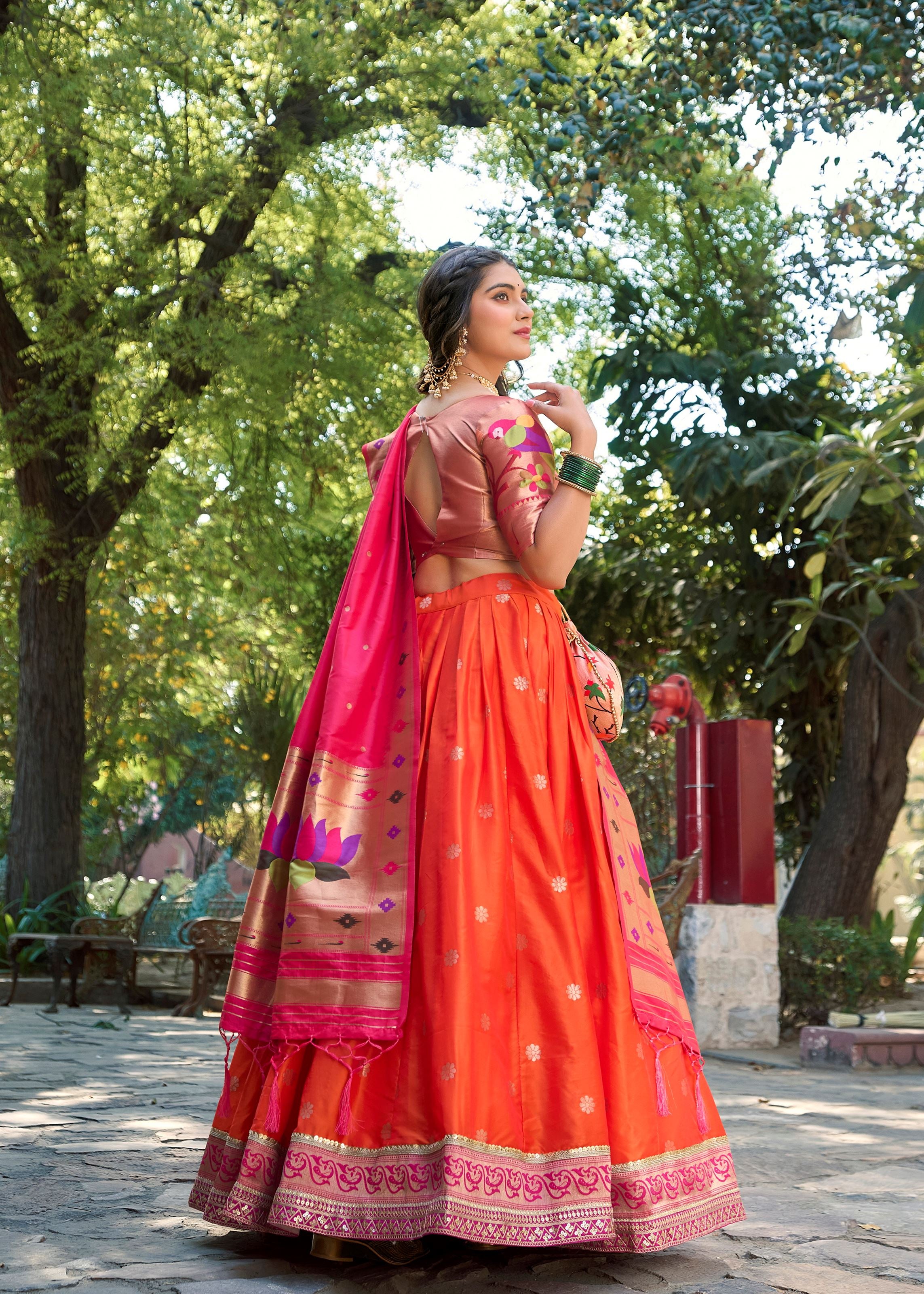 Traditional Grace In Orange Paithani Inspired Jacquard Silk Lehenga With Zari Detailing