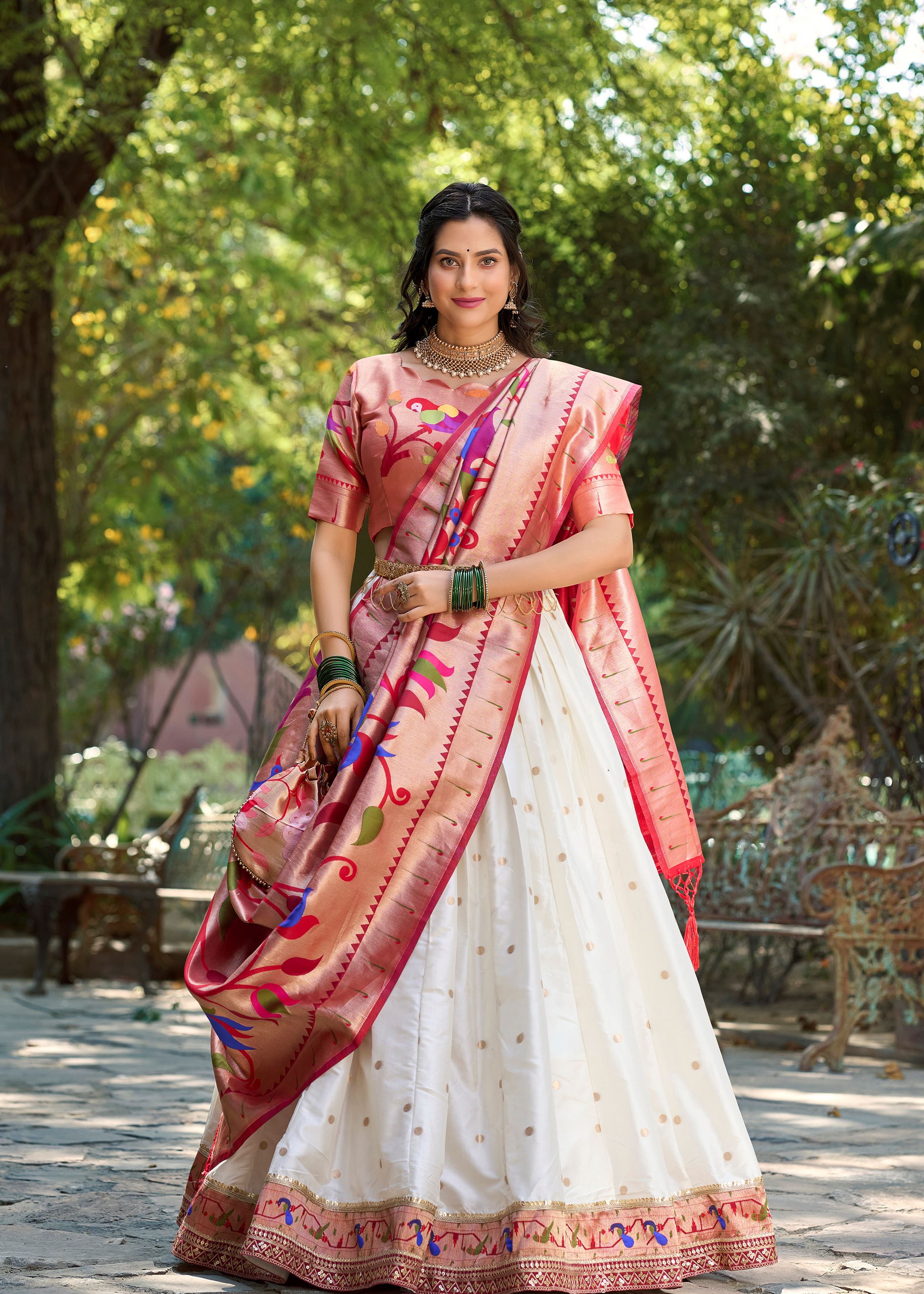 Traditional Grace In White Paithani Inspired Jacquard Silk Lehenga With Zari Detailing