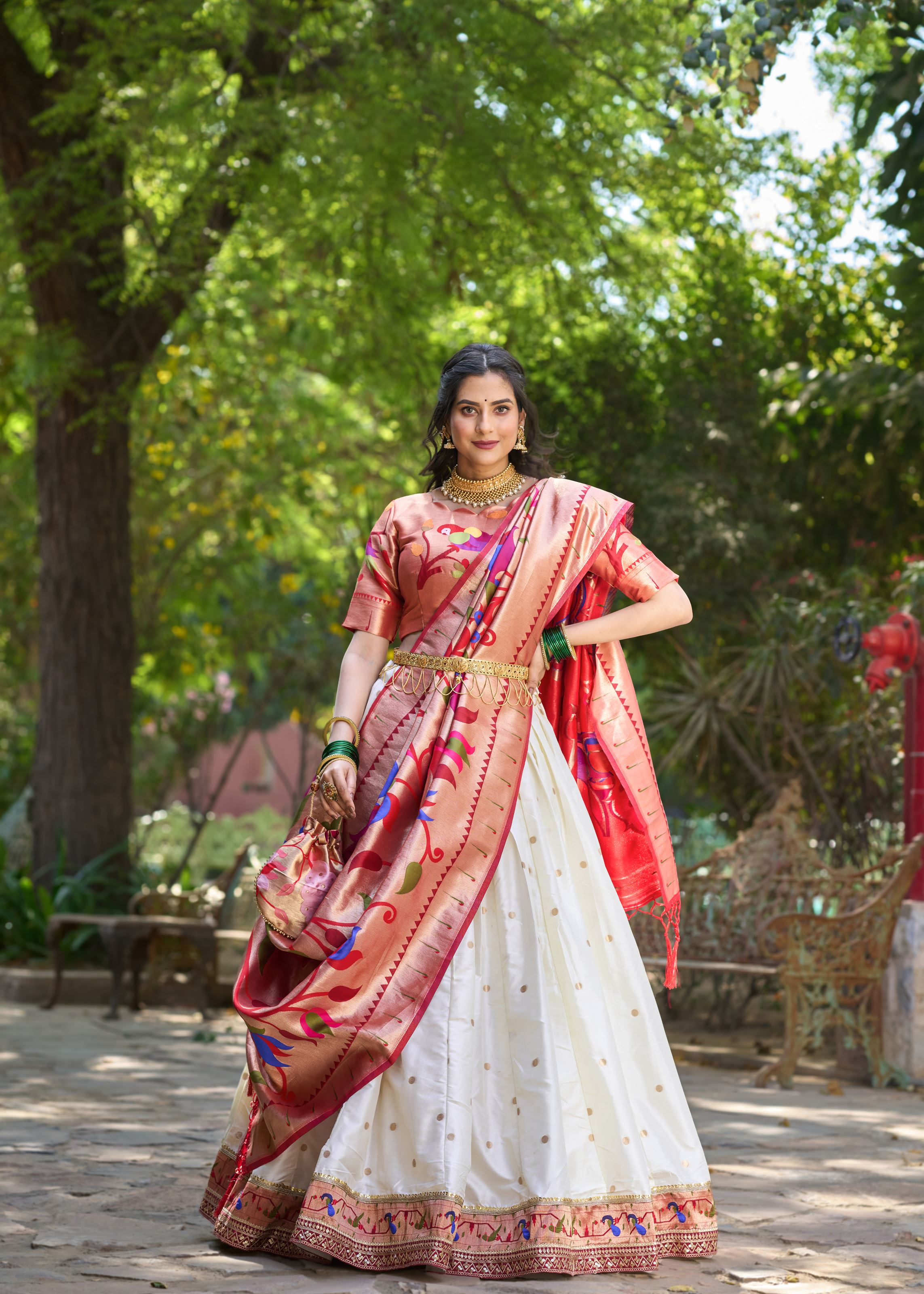 Traditional Grace In White Paithani Inspired Jacquard Silk Lehenga With Zari Detailing