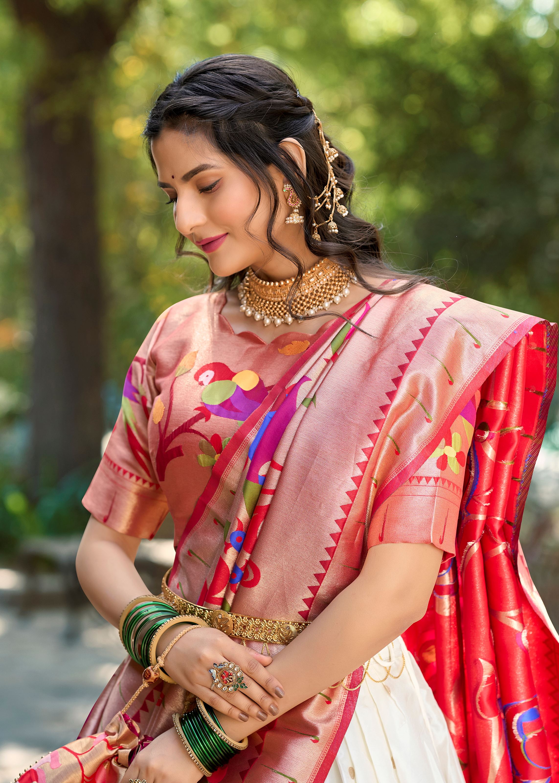 Traditional Grace In White Paithani Inspired Jacquard Silk Lehenga With Zari Detailing