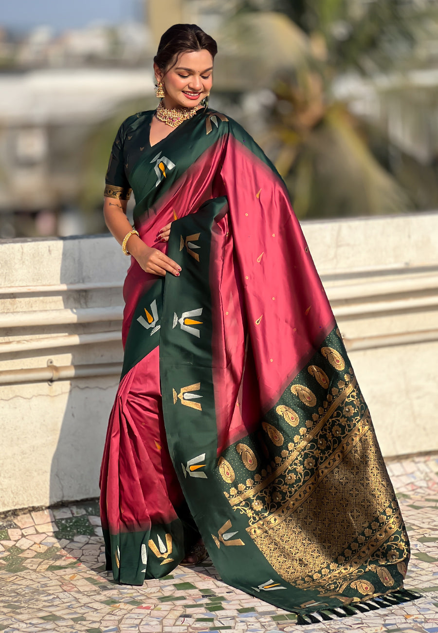 Traditional Woven Balaji Tilak Designer Woven Soft Silk Burgundy Saree