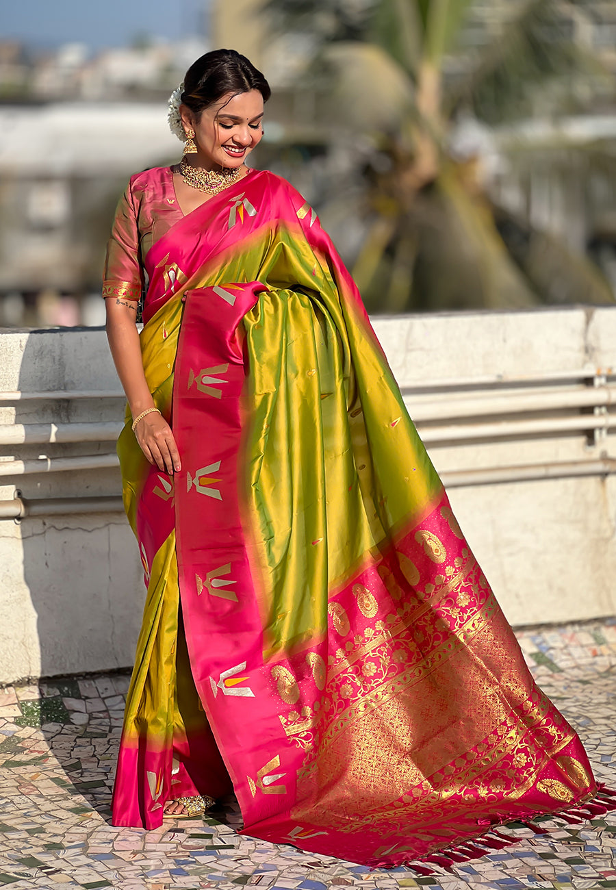 Traditional Woven Balaji Tilak Designer Woven Soft Silk Mahendi Saree