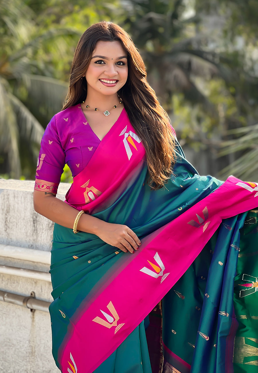 Traditional Woven Balaji Tilak Designer Woven Soft Silk Teal Green Saree