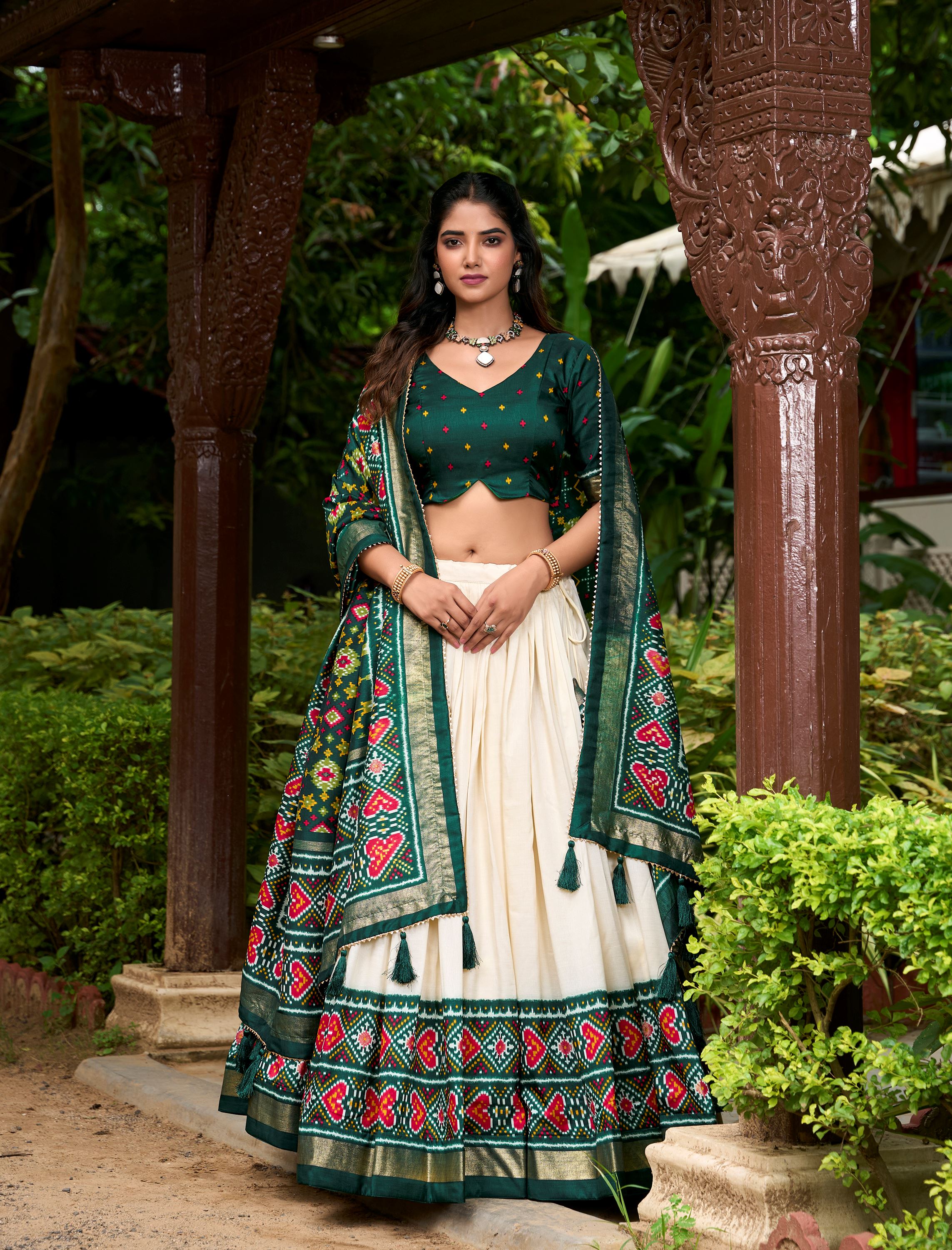 Tradition in Bloom Green  Tussar Silk Lehenga with Royal Patola Print
