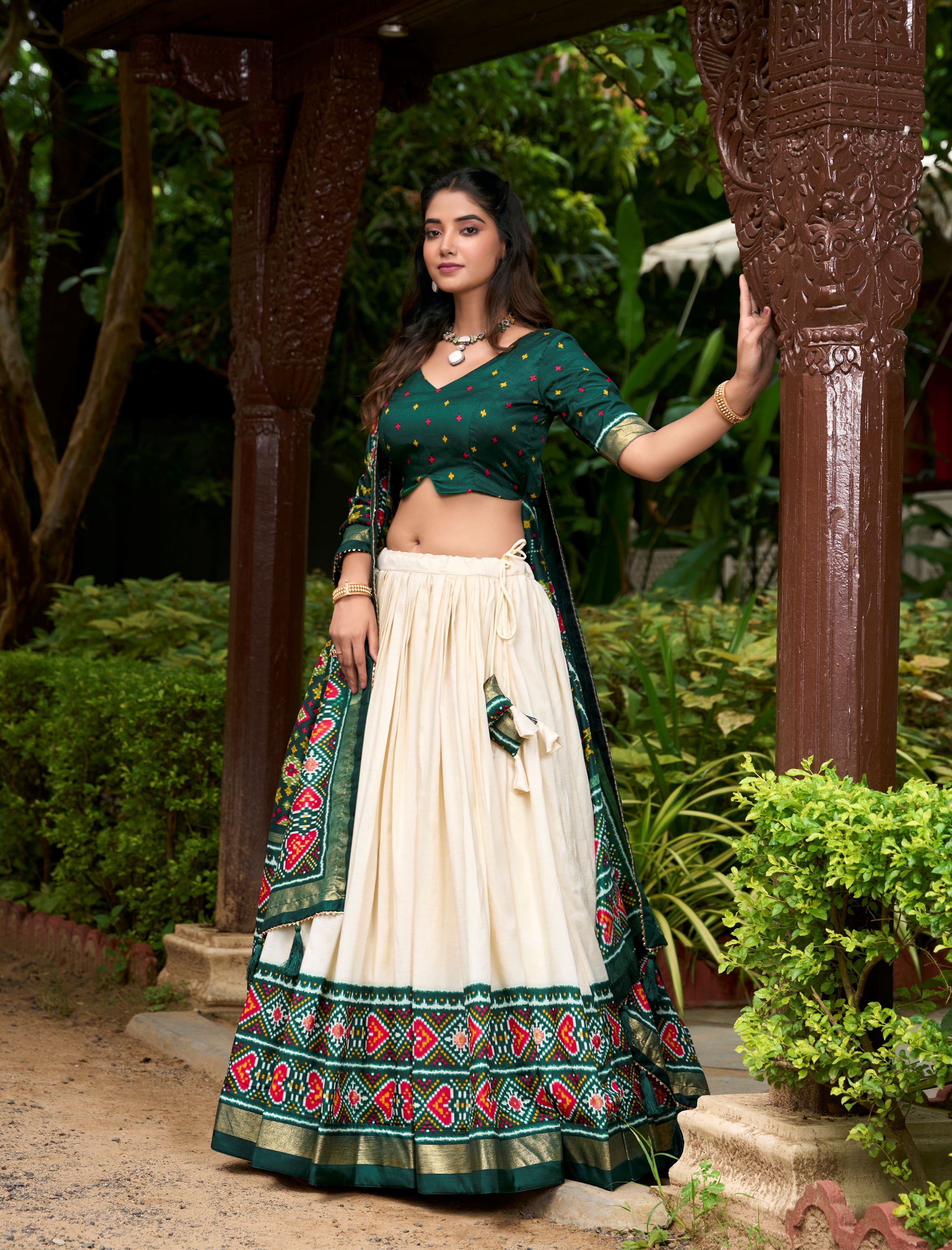 Tradition in Bloom Green  Tussar Silk Lehenga with Royal Patola Print