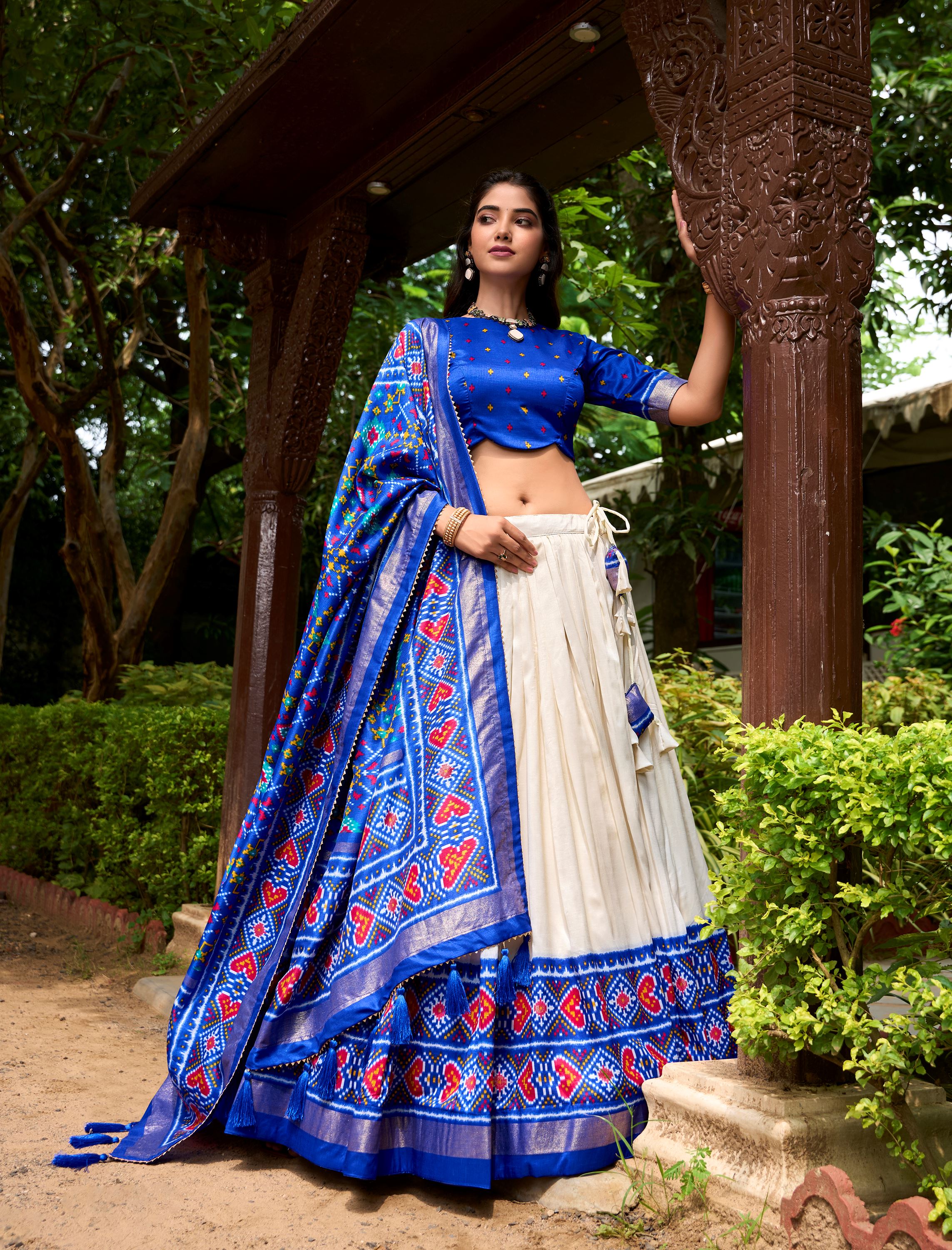 Tradition in Bloom Royal Blue Tussar Silk Lehenga with Royal Patola Print