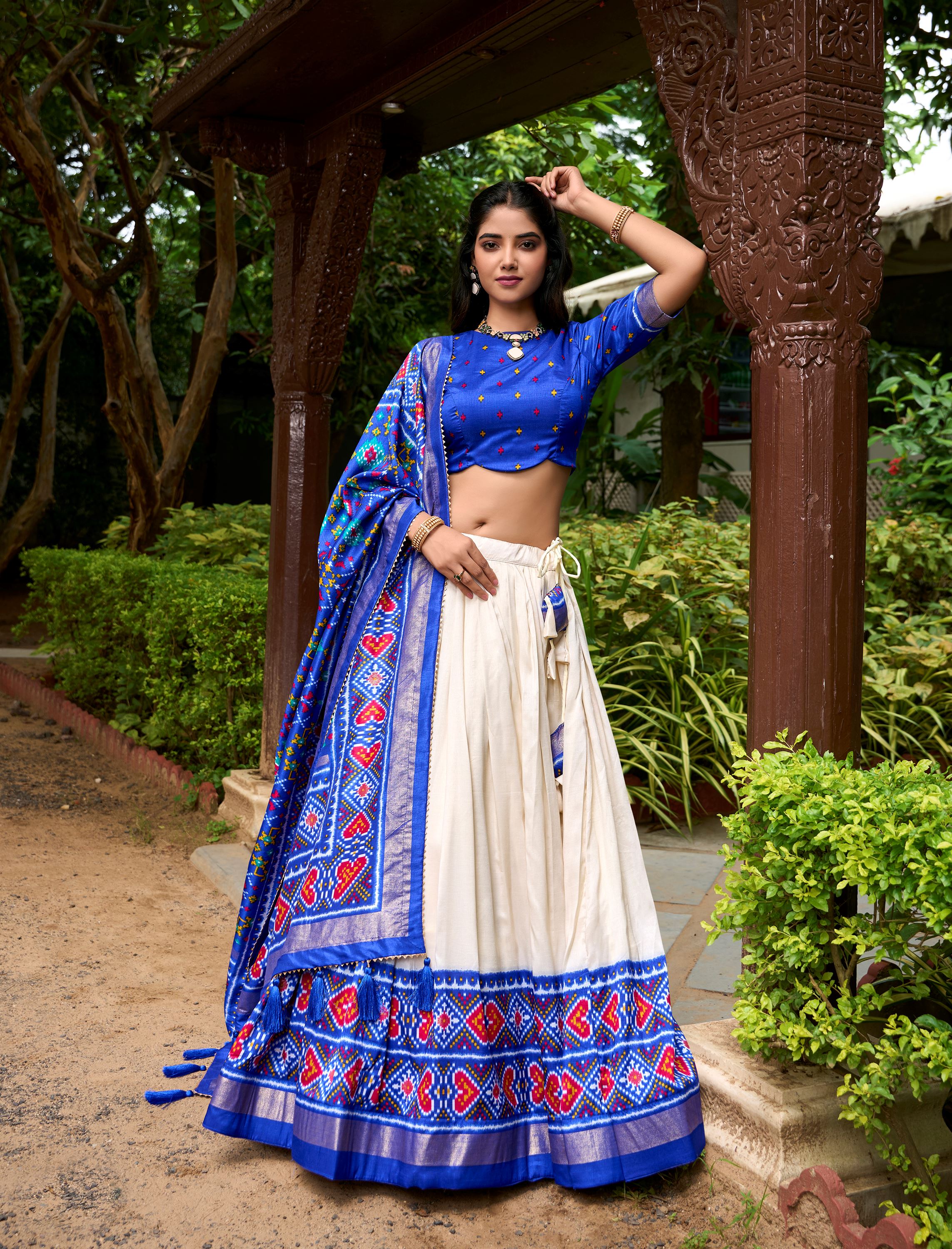 Tradition in Bloom Royal Blue Tussar Silk Lehenga with Royal Patola Print