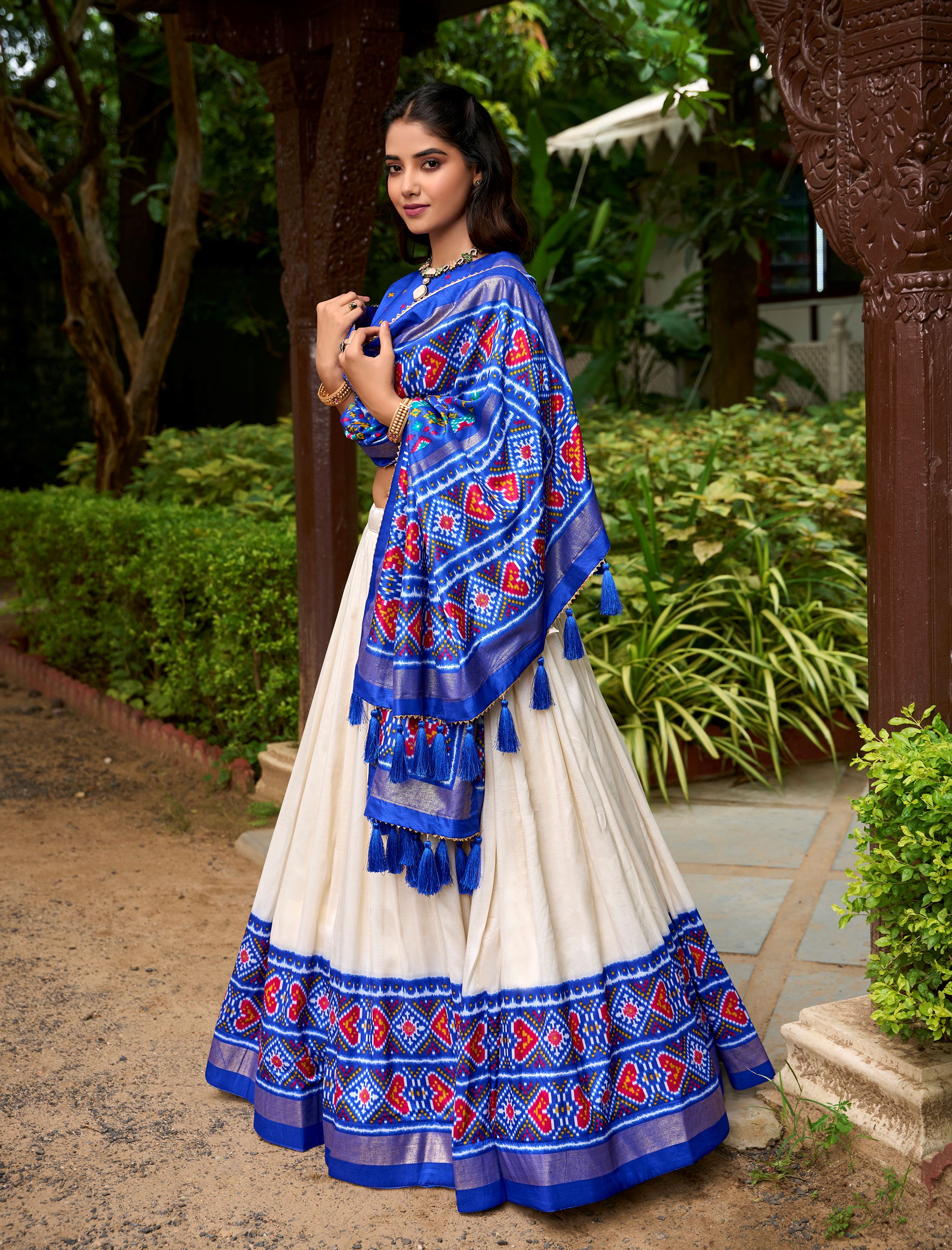 Tradition in Bloom Royal Blue Tussar Silk Lehenga with Royal Patola Print