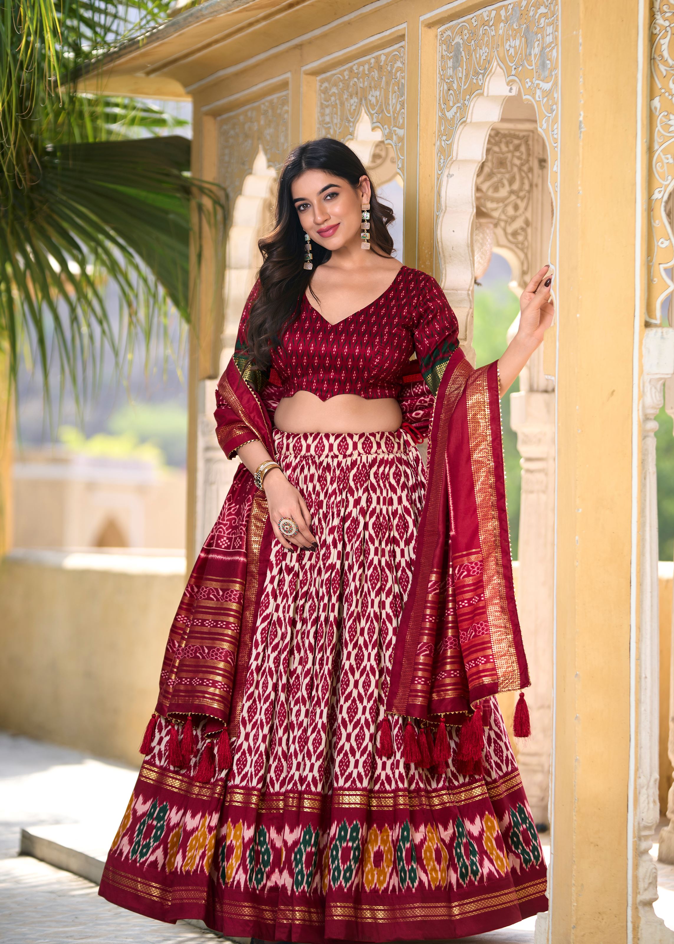 Tradition with a Sparkle Ikkat Printed Maroon Lehenga in Tussar Silk