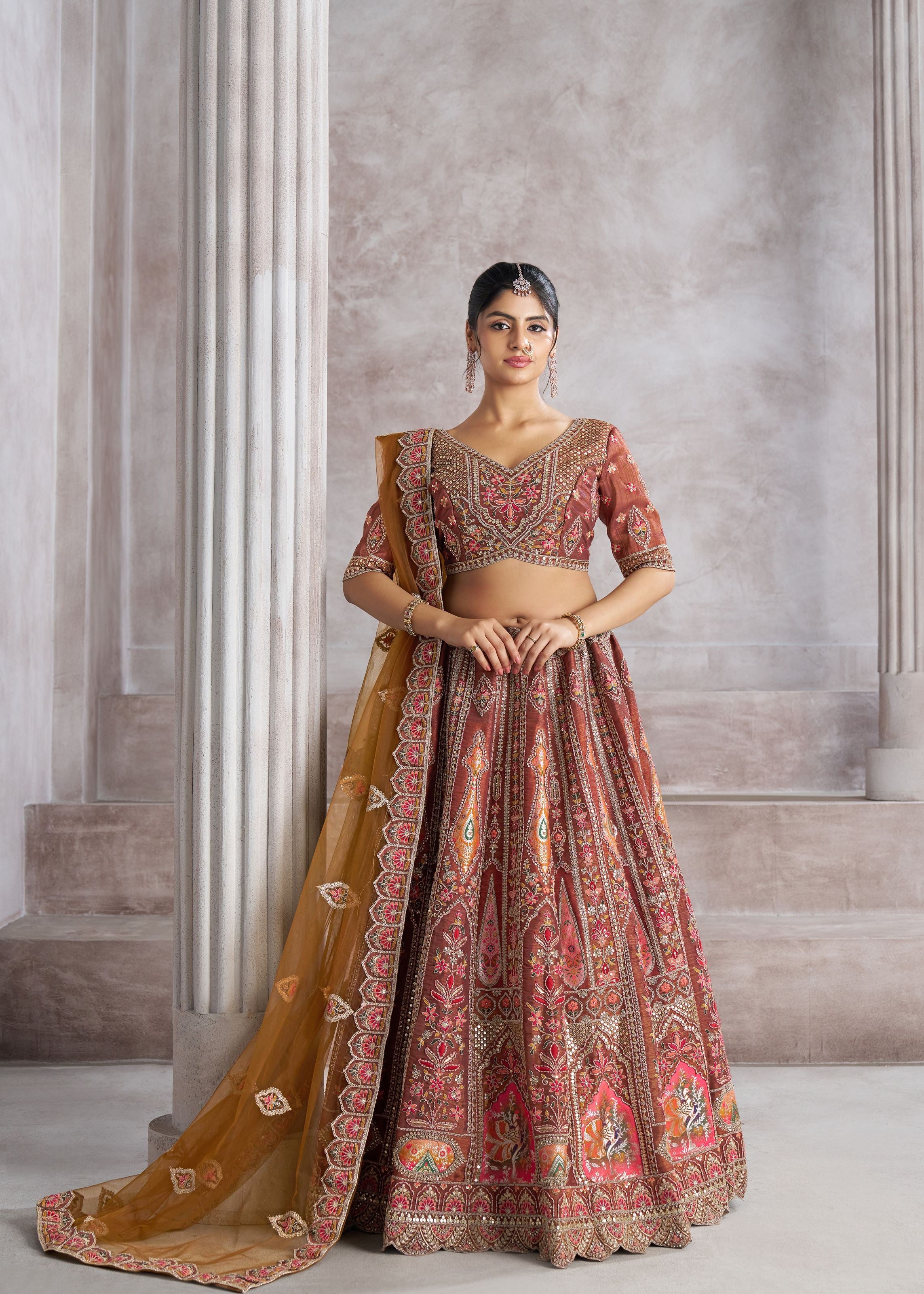 Trending Mocha Color lehenga For Women with Aari And Patch Work