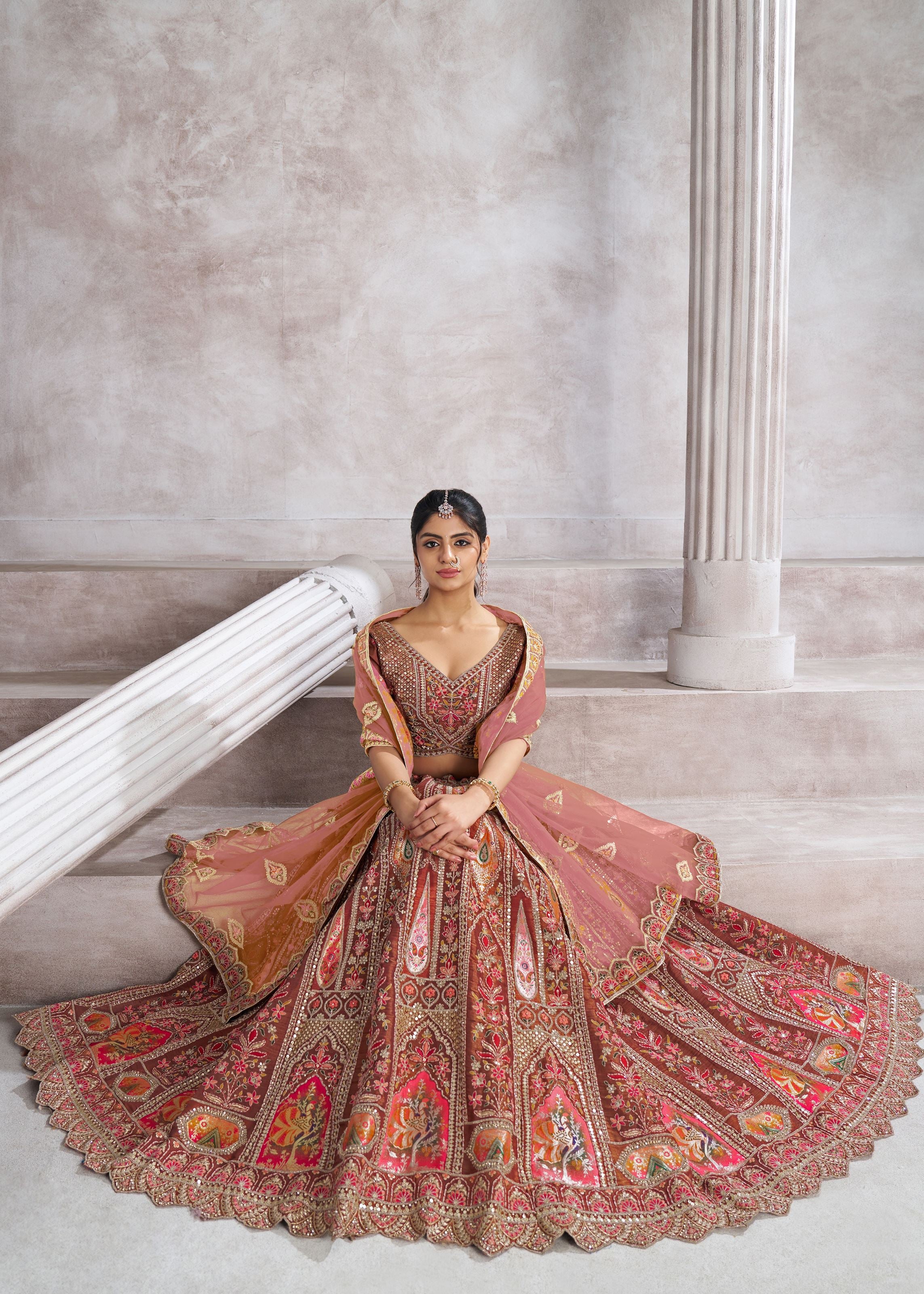 Trending Mocha Color lehenga For Women with Aari And Patch Work