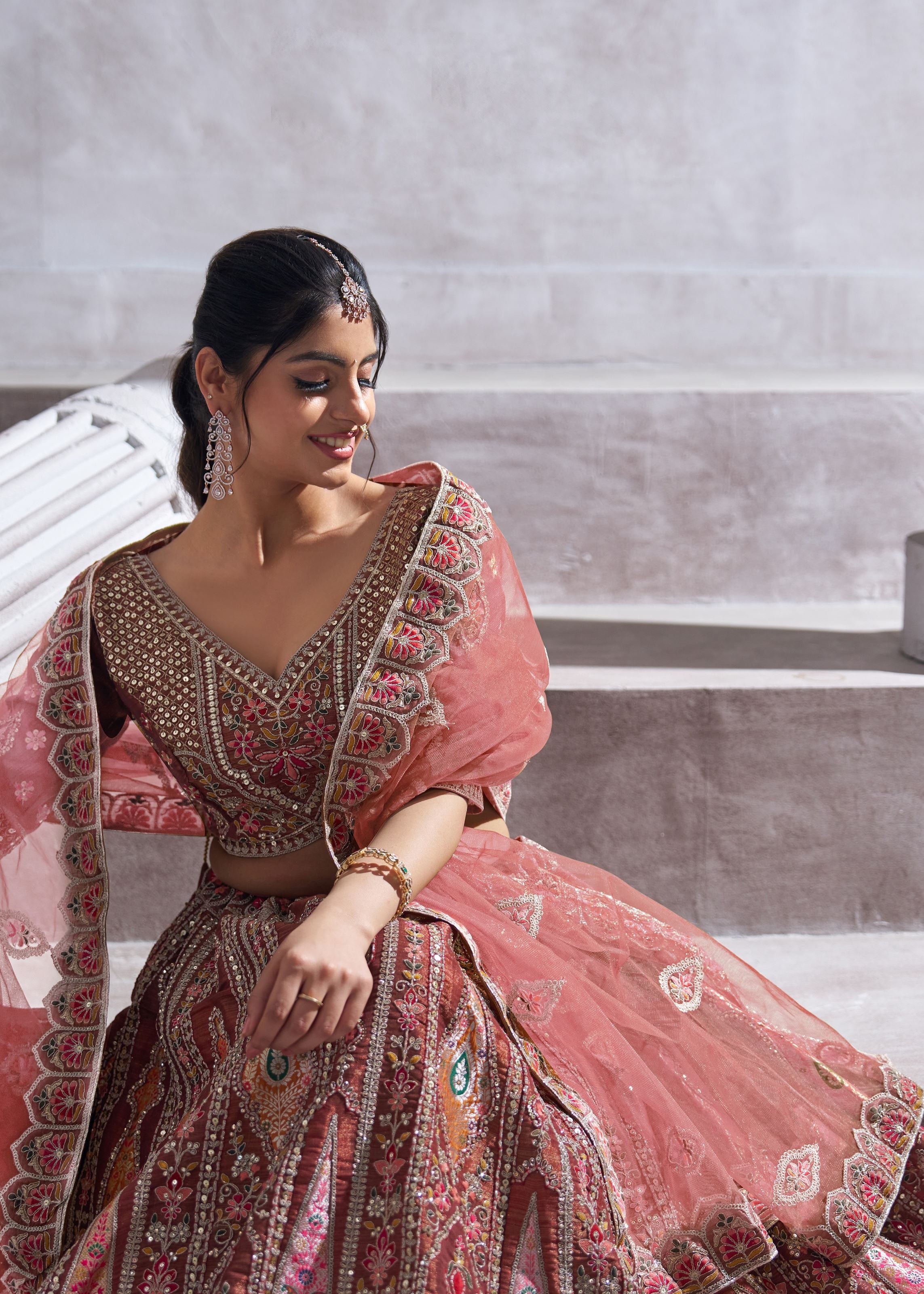 Trending Mocha Color lehenga For Women with Aari And Patch Work