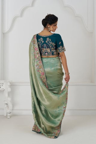 Trending Reception Green Color Saree With  Multi-Thread Embroidery