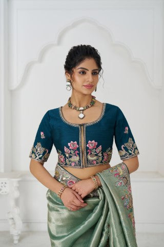 Trending Reception Green Color Saree With  Multi-Thread Embroidery