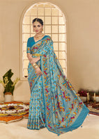 Turqoise Blue Ethnic Woven Border Designer With Ikkat Printed Cotton Silk Saree