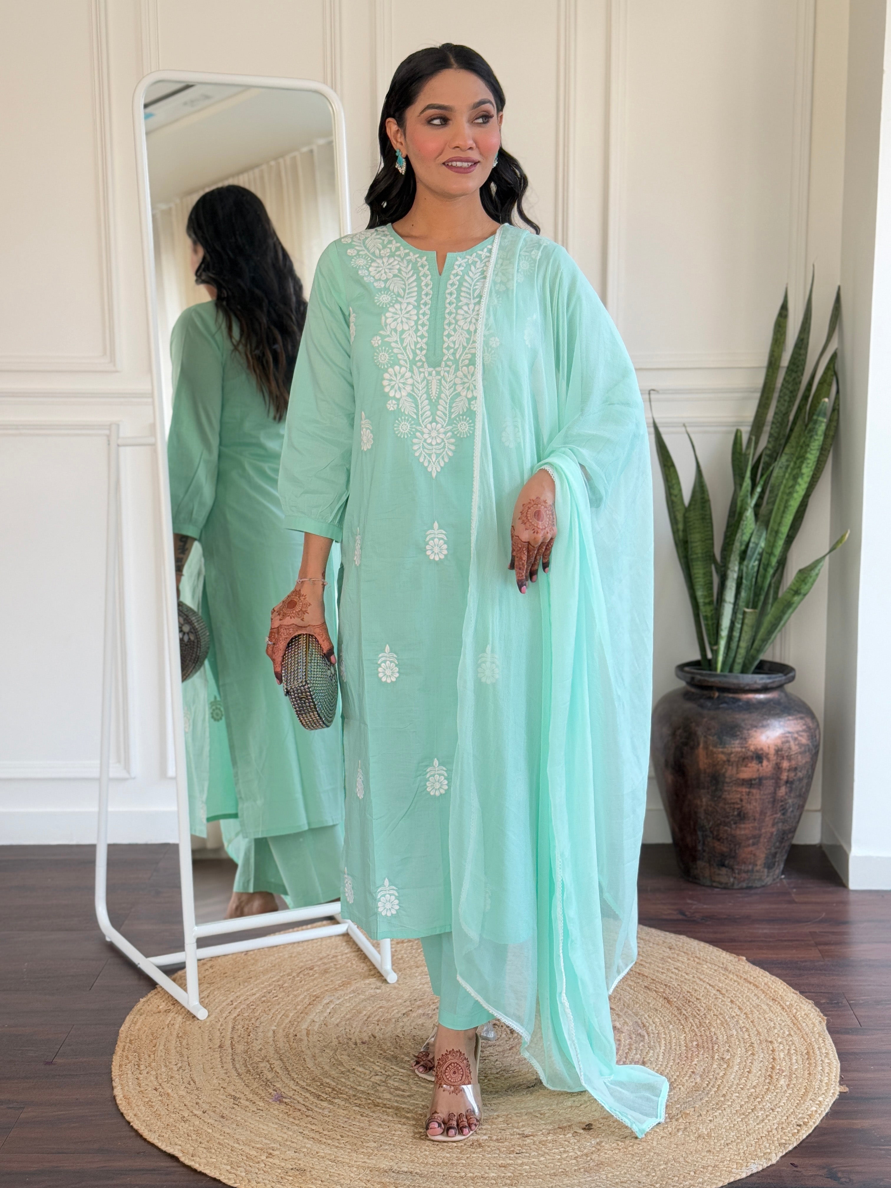 Turquiose Cotton Elegant Kurta Pant Set With Chikankari Work