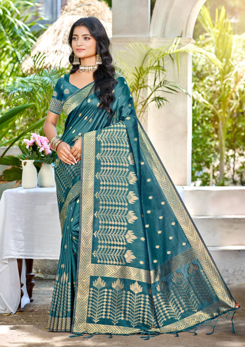 Turquoise Assam Silk Saree With Sophisticated Touch and Subtle Elegance