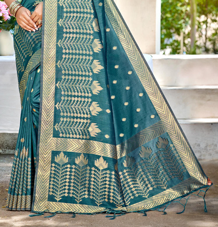 Turquoise Assam Silk Saree With Sophisticated Touch and Subtle Elegance