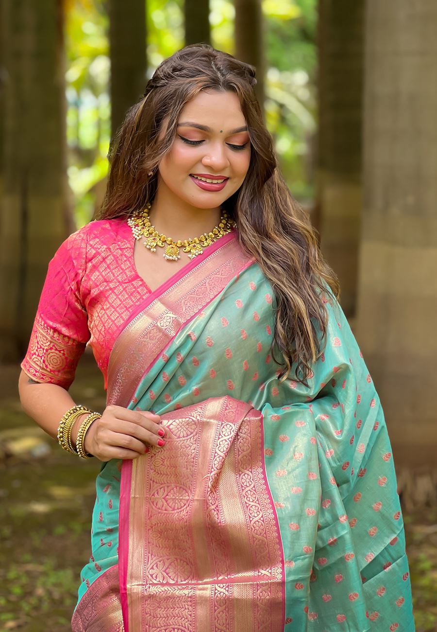 Turquoise Blue Silk Blend  South Indian Kanchipuram Saree