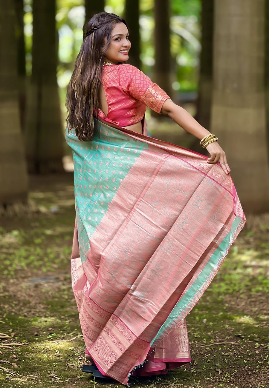 Turquoise Blue Silk Blend  South Indian Kanchipuram Saree