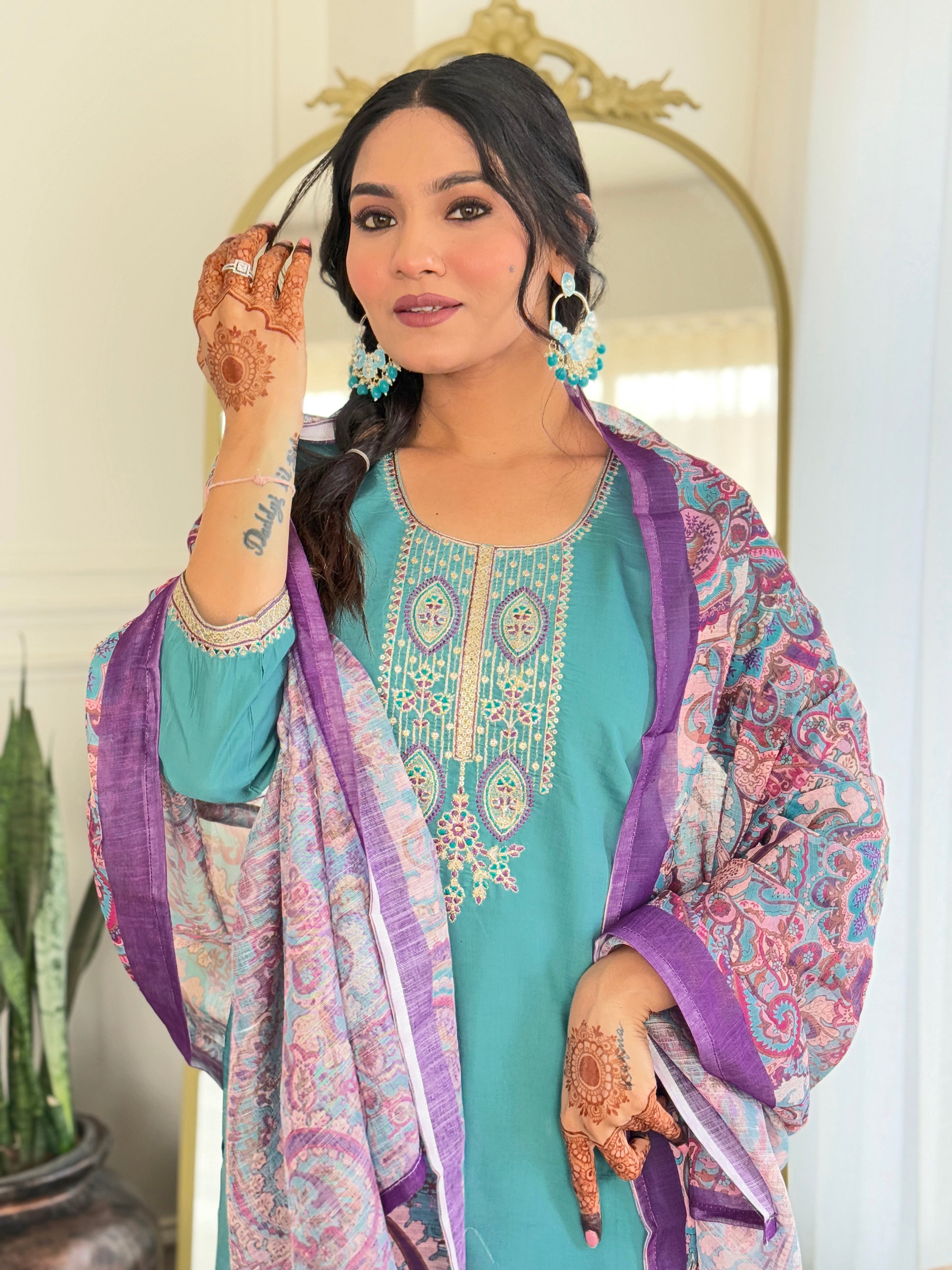 Turquoise Blue Viscose Chanderi Kurta Pant With Embroidery Work And Printed Dupatta