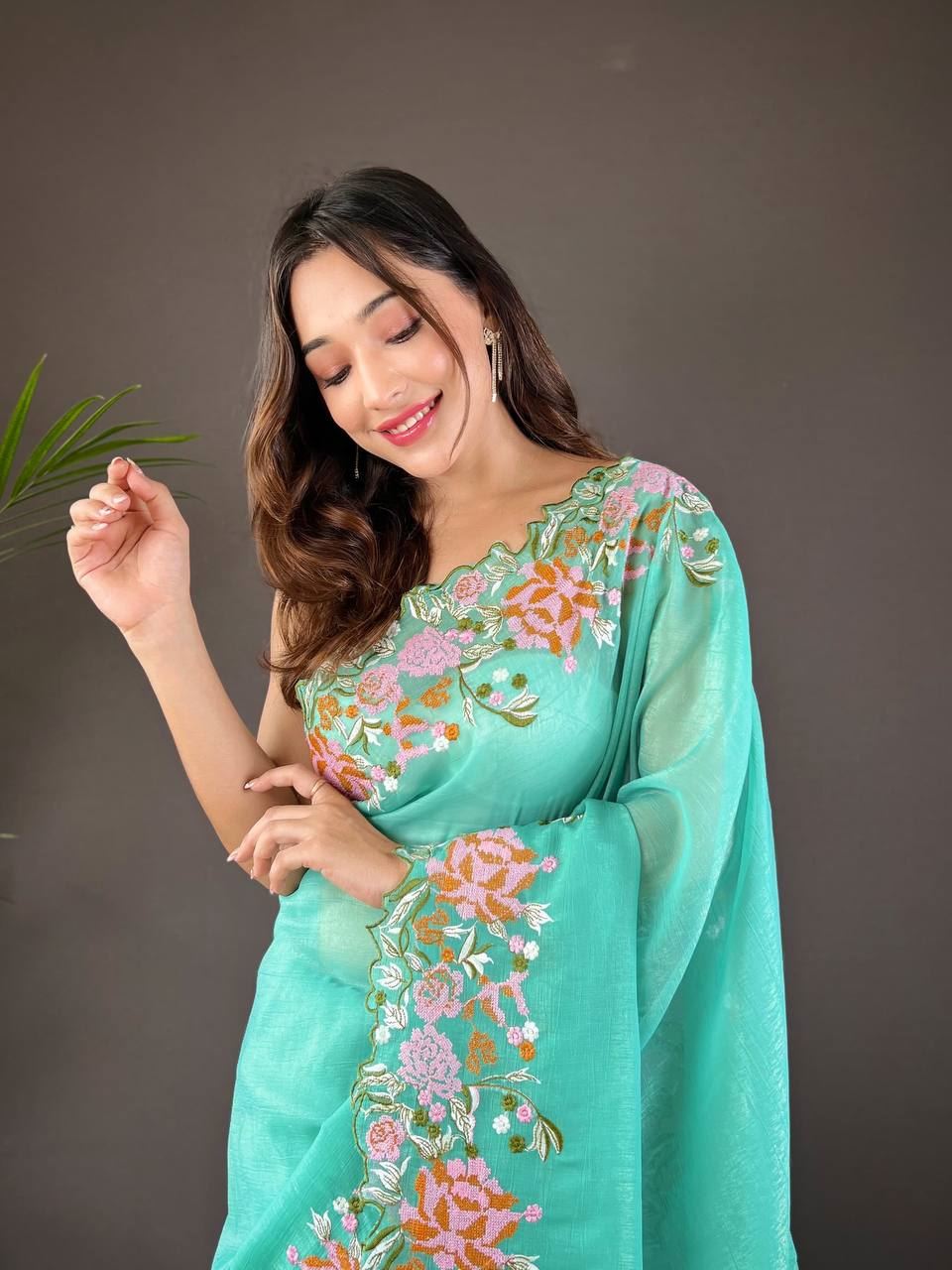 Turquoise Colour Soft Glossy Silk Heavy Embroidery Work Saree