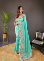 Turquoise Colour Soft Glossy Silk Heavy Embroidery Work Saree