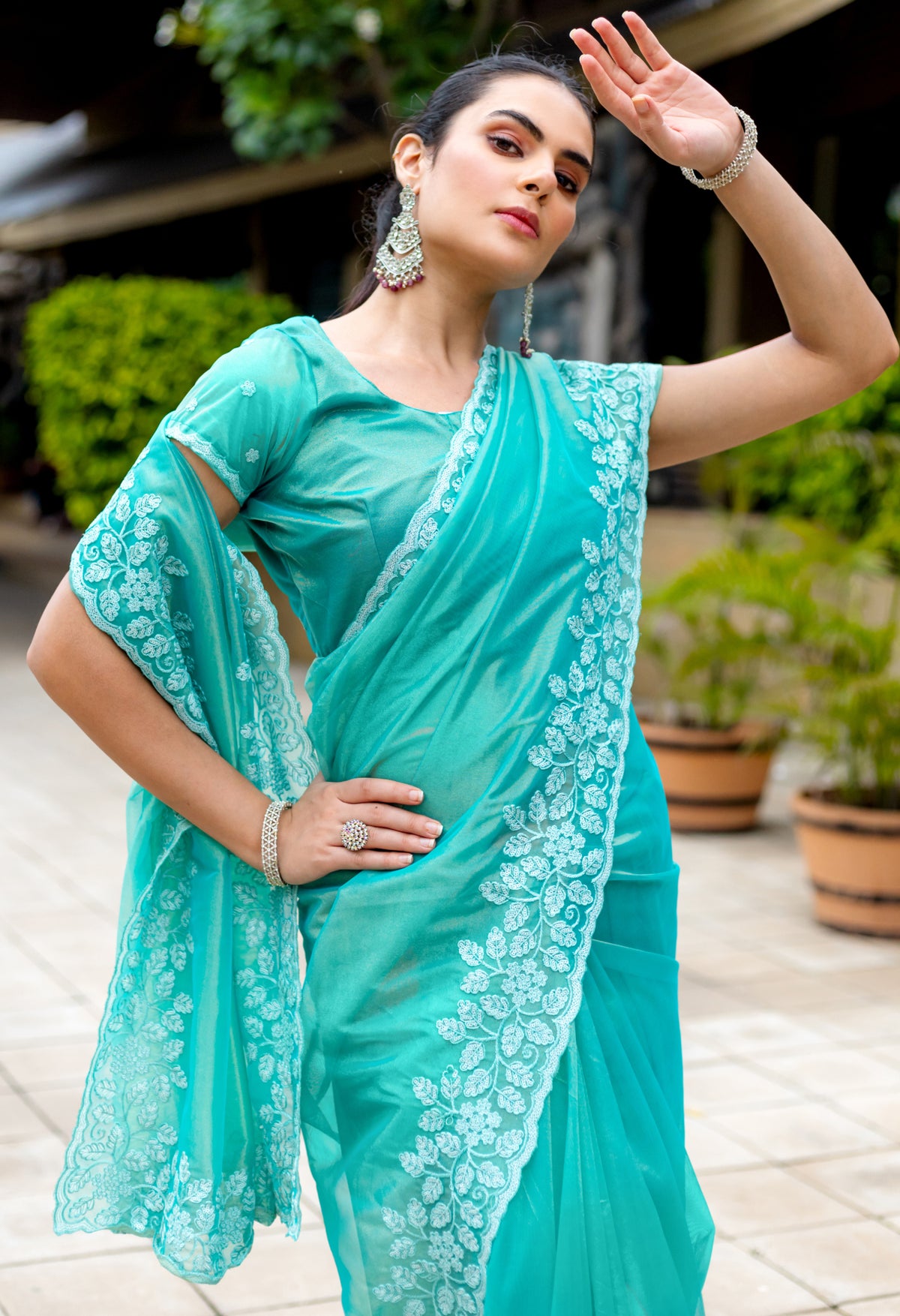 Turquoise Gold-Infused Twill Saree with Zari Sequins Cut Work