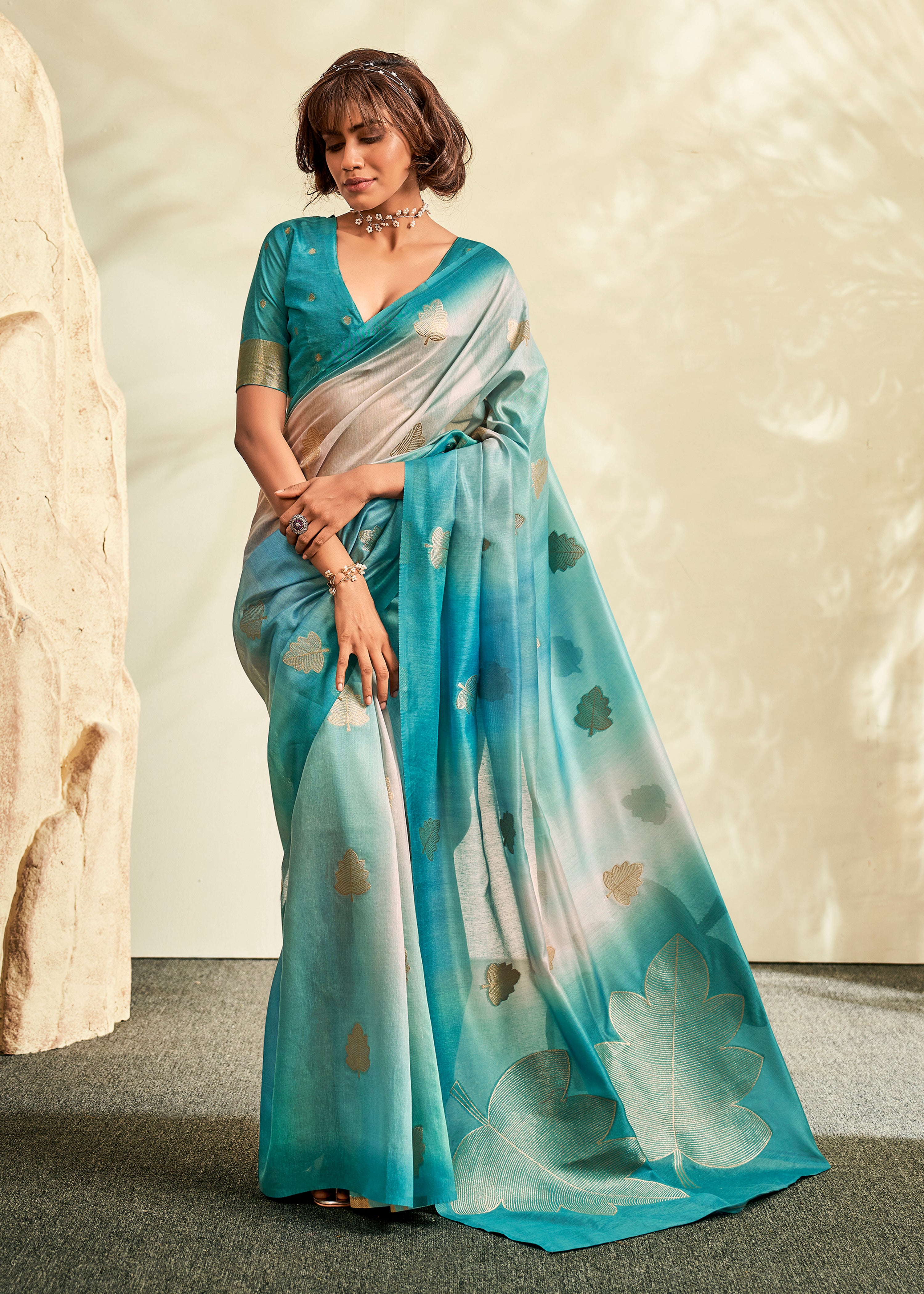 Turquoise Handloom Khadi Saree With  Jacquard Woven With Digital Print