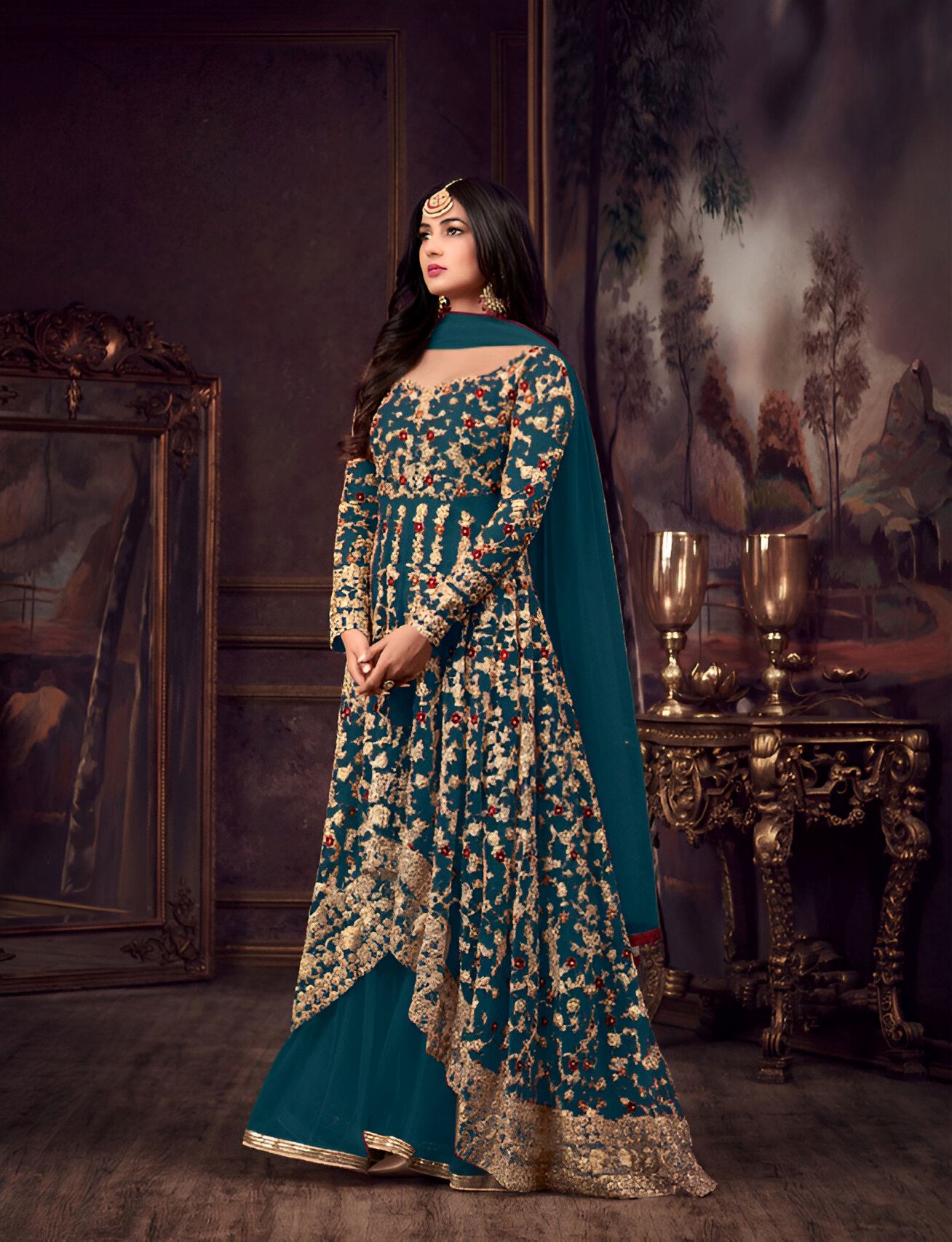Turquoise Heavy Designer Suit With Heavy Embroidery Work