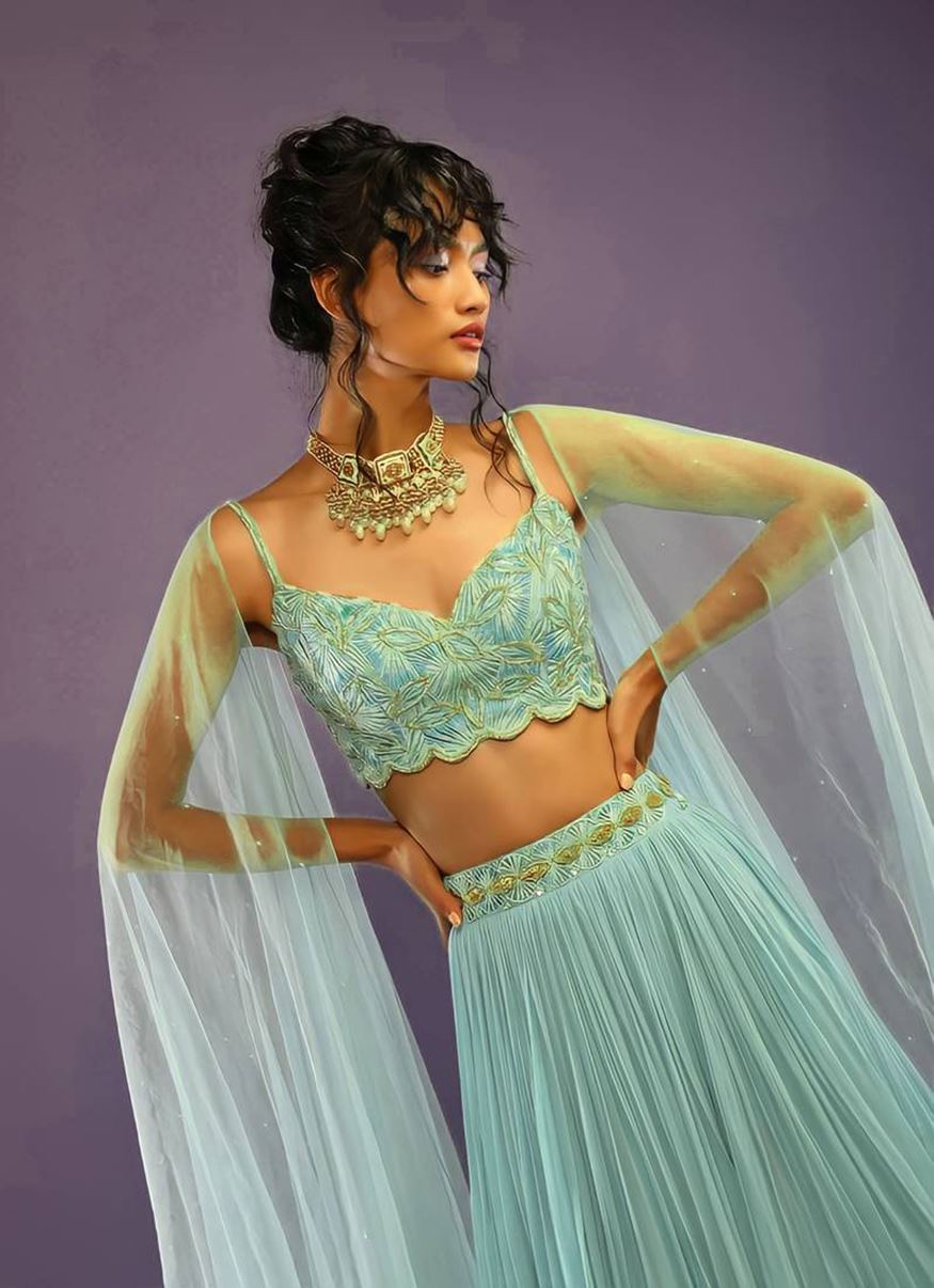 Turquoise Lehenga Choli With Embroidery Work