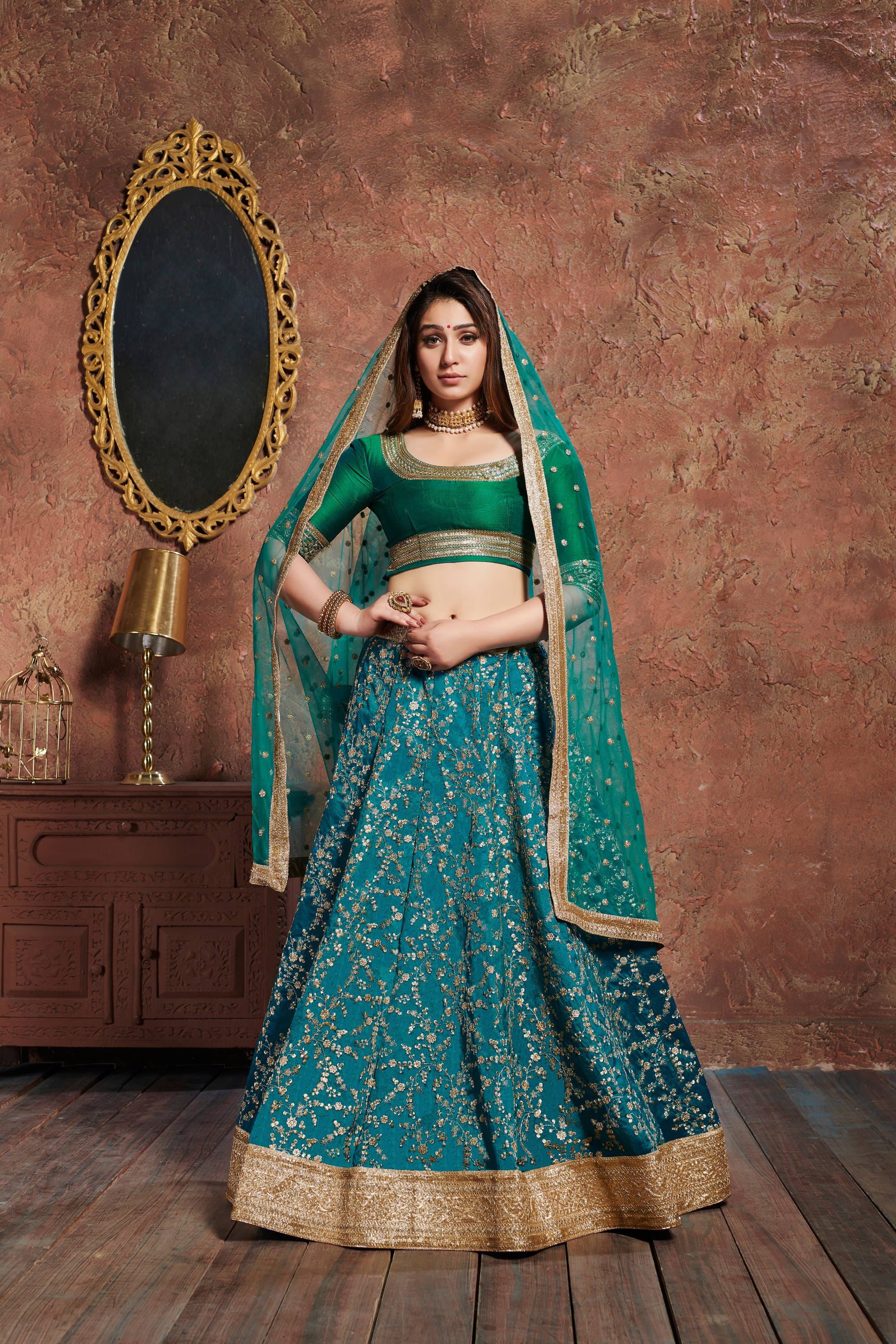 Turquoise Lehenga Choli With Zari, Sequins And Dori Embroidery