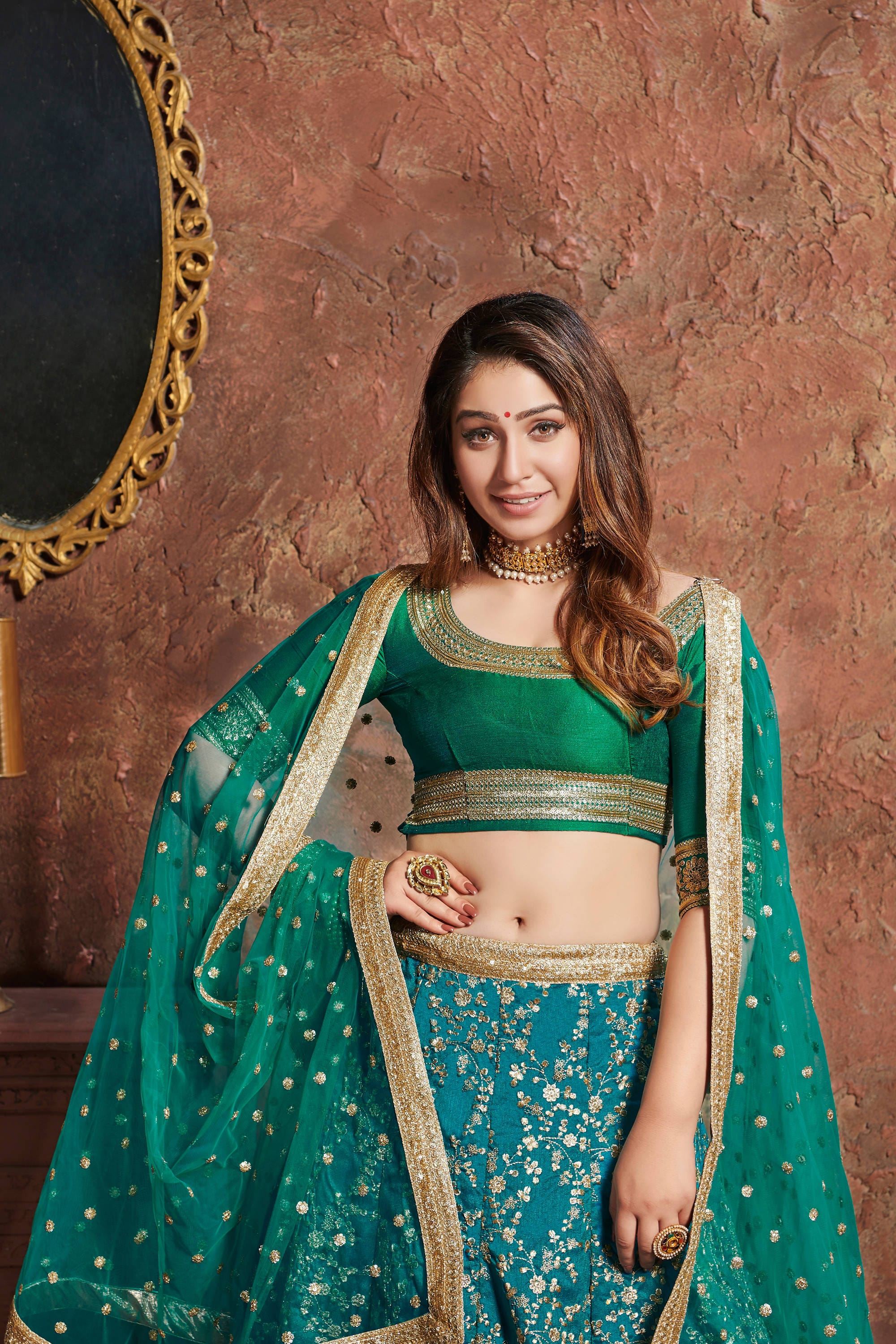 Turquoise Lehenga Choli With Zari, Sequins And Dori Embroidery