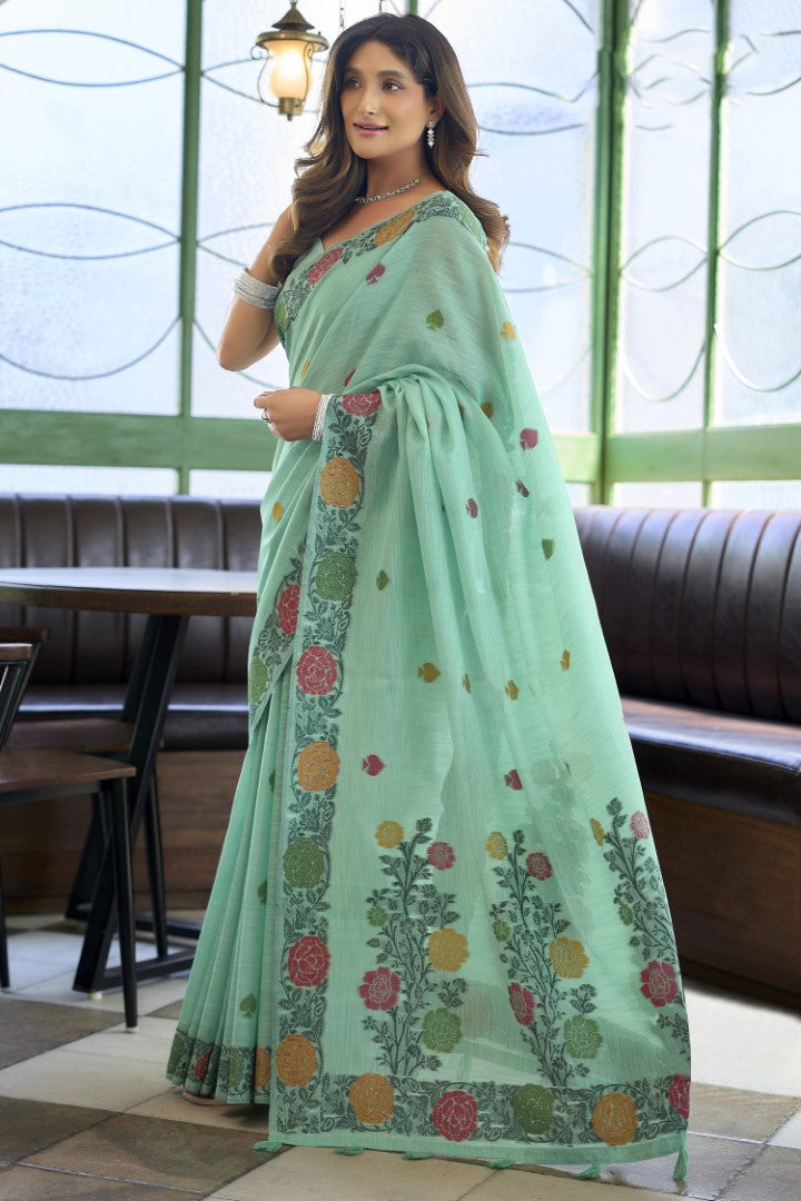 Turquoise Linen Saree with Rich Jacquard Weaving