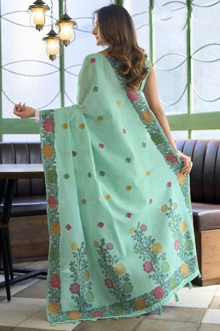 Turquoise Linen Saree with Rich Jacquard Weaving