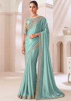 Turquoise Saree With Heavy Embroidered Work