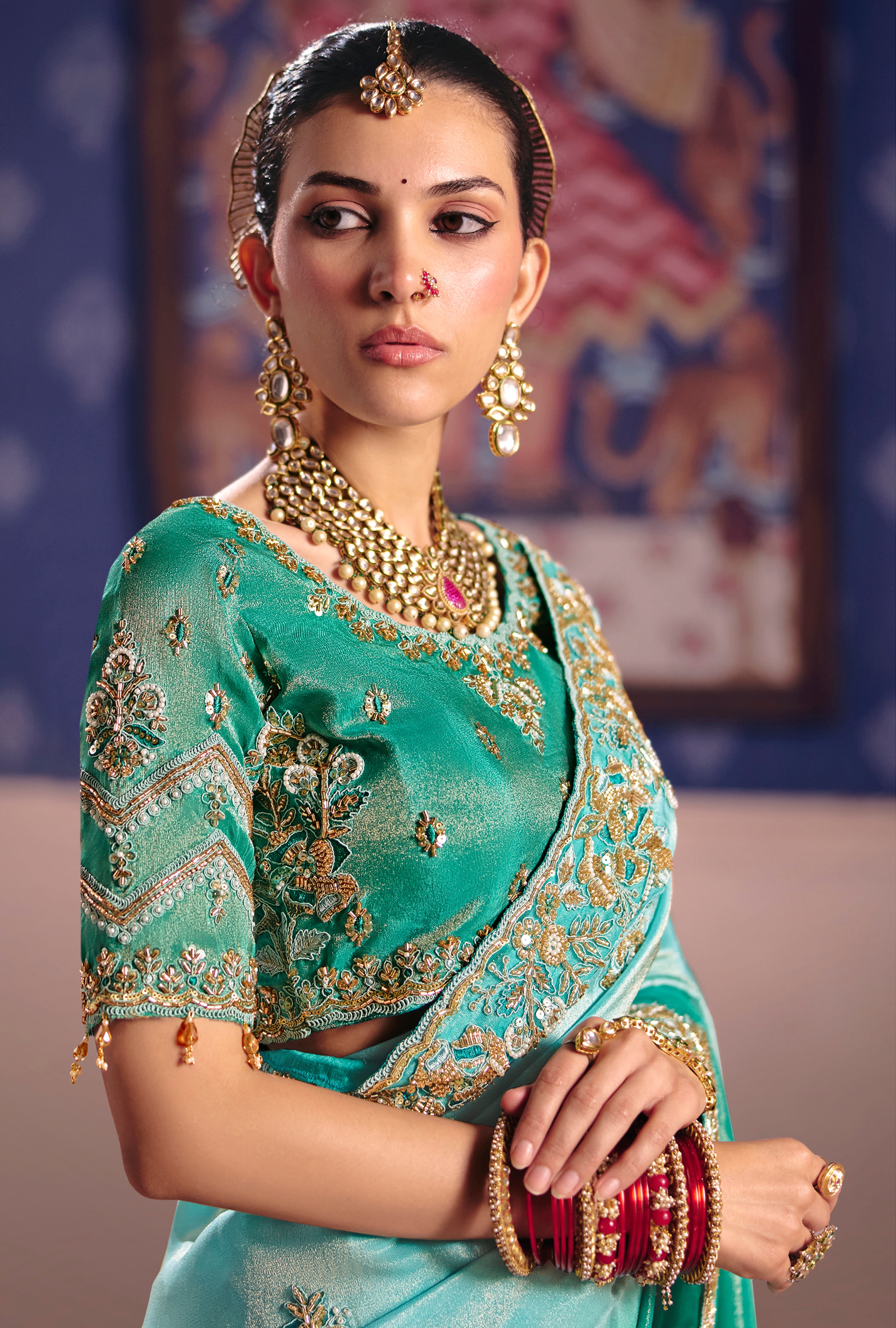 Turquoise Saree With  Heavy Embroidery, Beads With Sequince Work