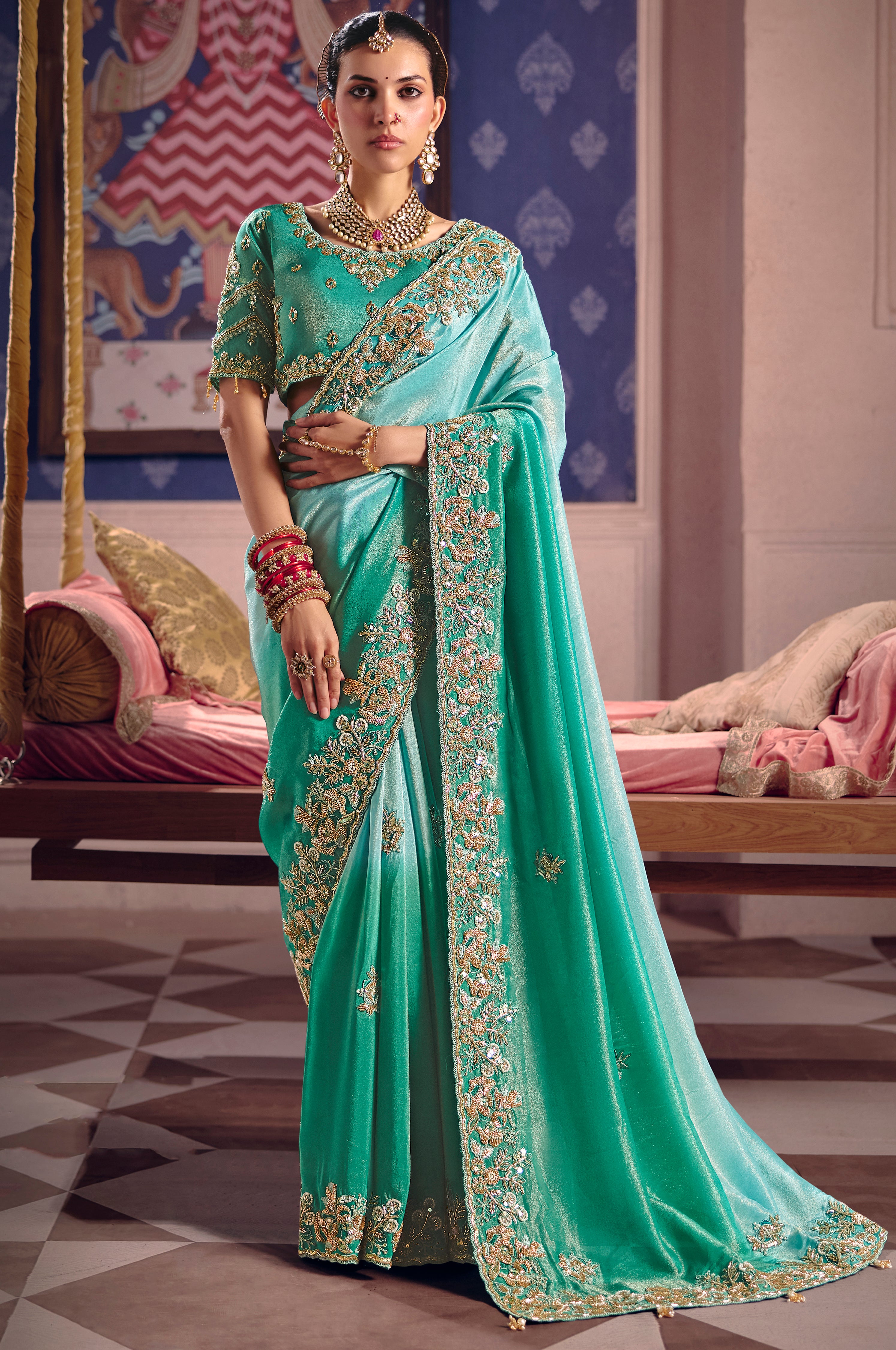Turquoise Saree With  Heavy Embroidery, Beads With Sequince Work