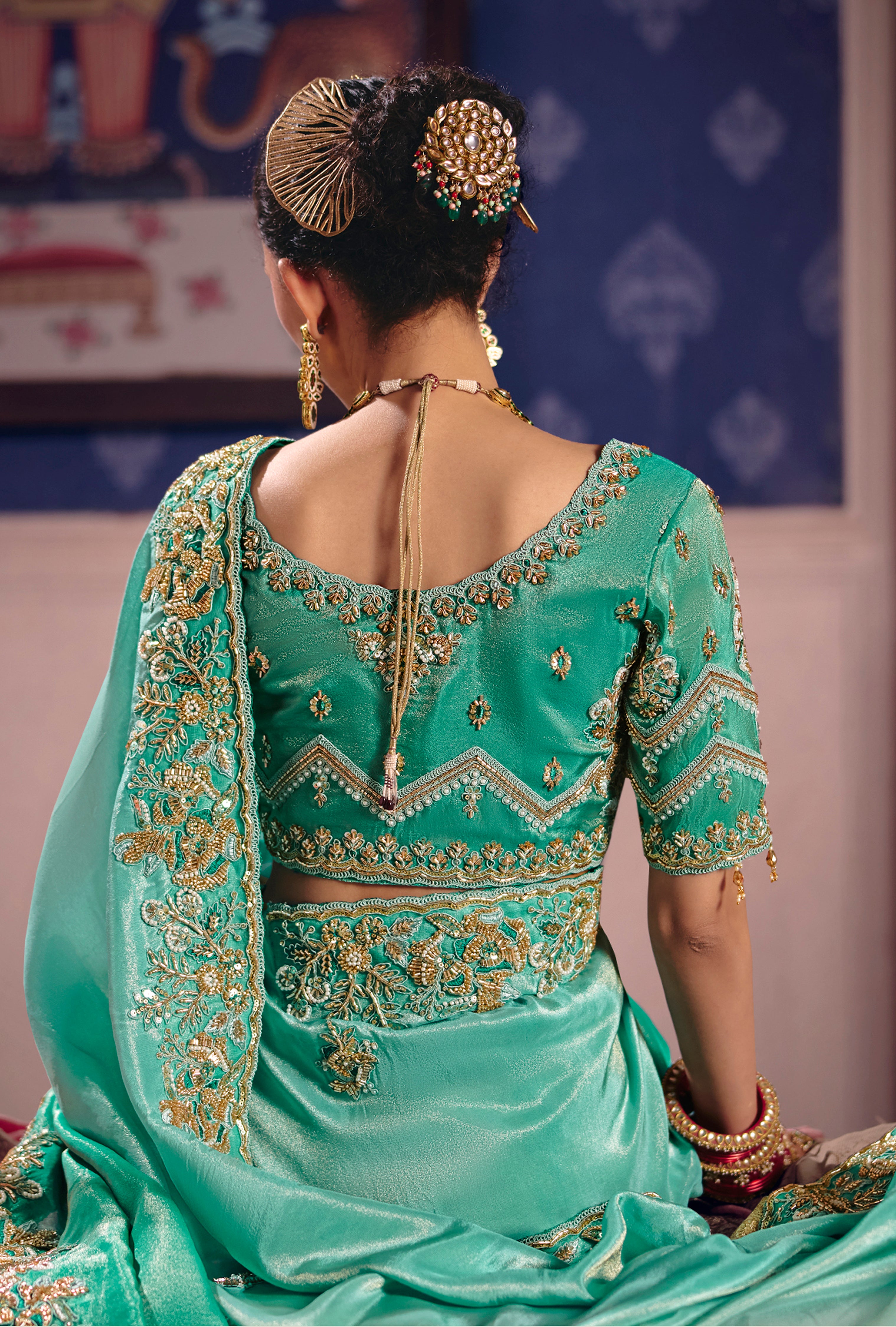 Turquoise Saree With  Heavy Embroidery, Beads With Sequince Work