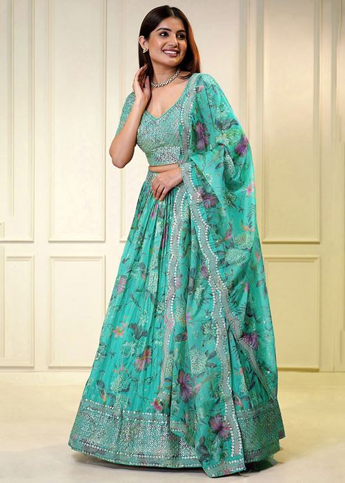 Turquoise Sequins Organza Reception Wear Lehenga Choli