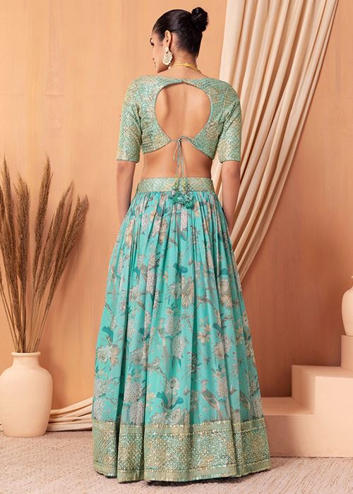 Turquoise Sequins Organza Reception Wear Lehenga Choli